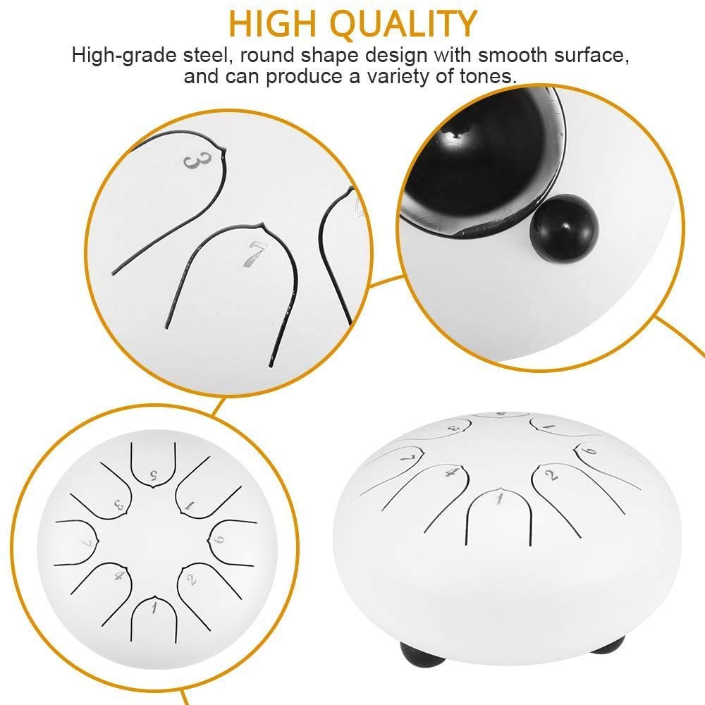 Steel Tongue Drum, 6 Inch Hand Pan Percussion Drum 8 Tune Percussion Instruments, Drum with Drumsticks & Carrying Bag, Tutorial Book, 4 Finger Picks (White)