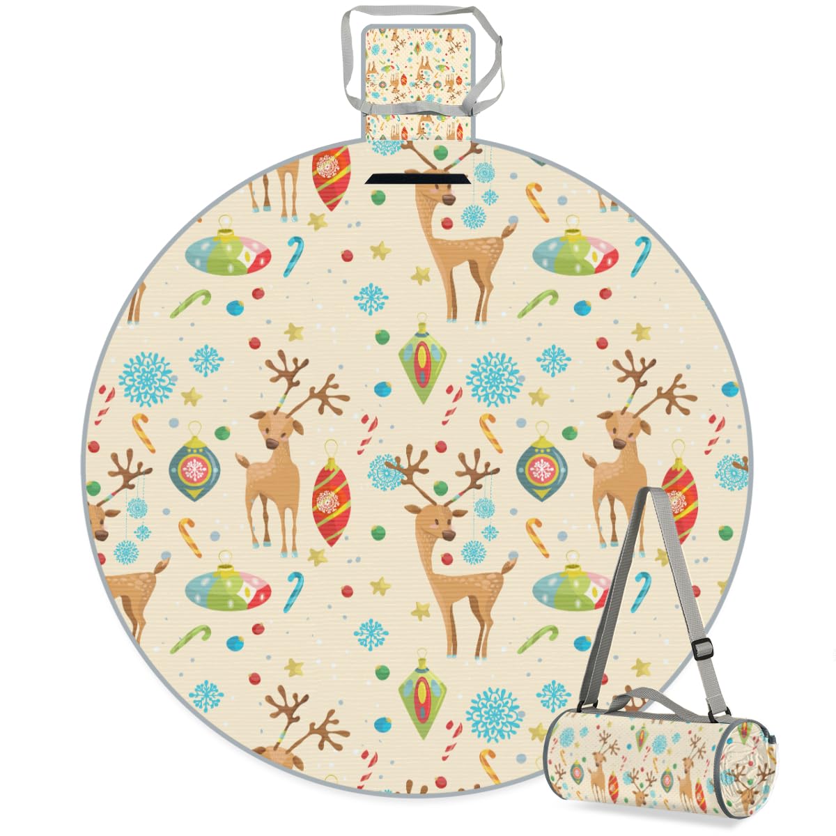 Shimoshe Christmas Elk Snowflakes Picnic Outdoor Blanket Foldable Waterproof Sandproof Beach Blanket Portable Water-Resistant Round Picnic Mat for Travel Camping Park Lawn