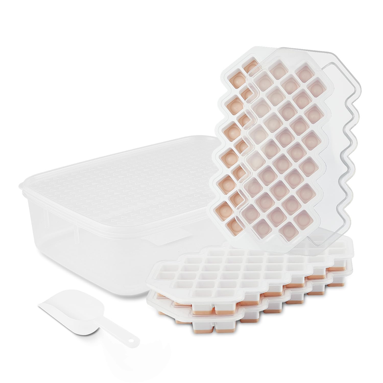 New silicone ice cube tray with lid for freezer, ice trays for freezer 3 Pack orange+white