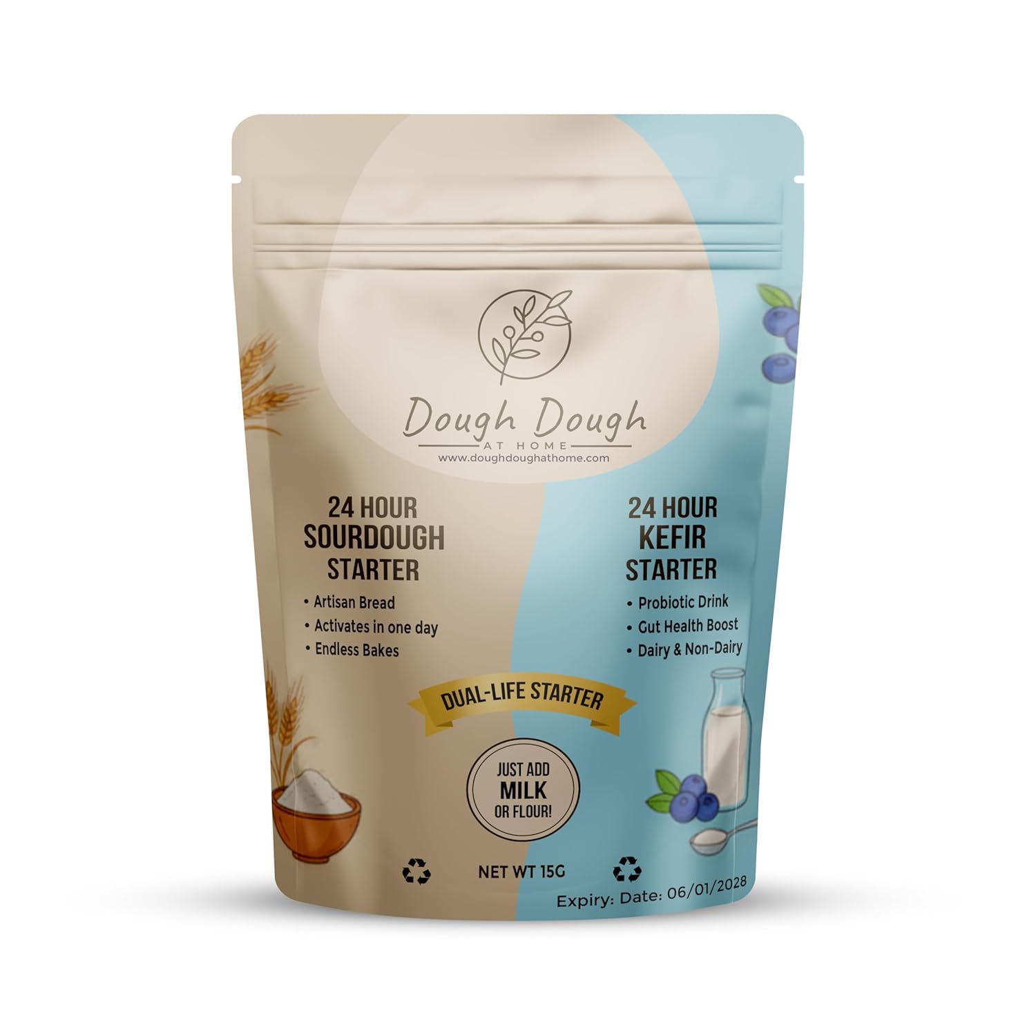 Dough Dough at Home: Cultivo de Masa Madre y Kéfir Todo en Uno – Dual Life Fermentación Rápida en 24 Horas – Para Pan y Leche Probiótica – Cultivos Vivos Naturales Activos