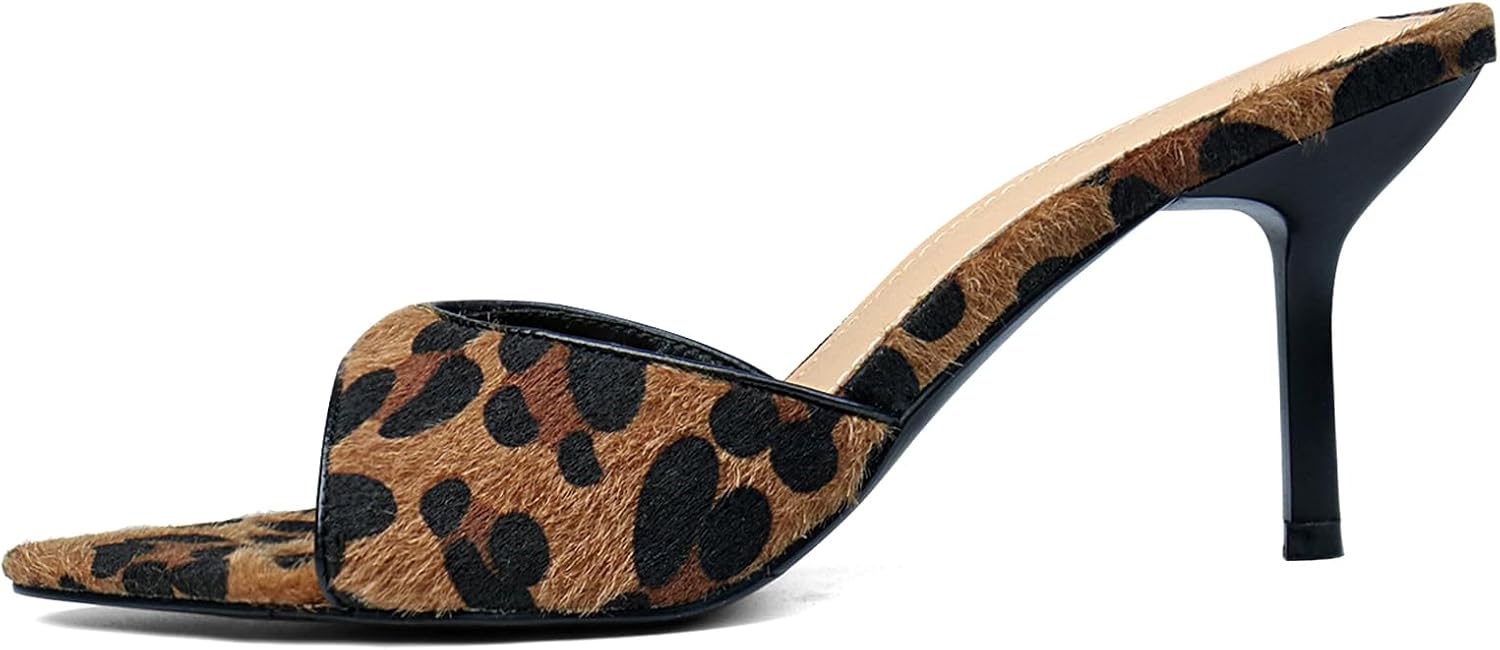 QIV Leopard Kitten Heels Pointed Toe Mule Heels for Women Open Toe Kitten Heel for Party Dressy Wedding - Image 6