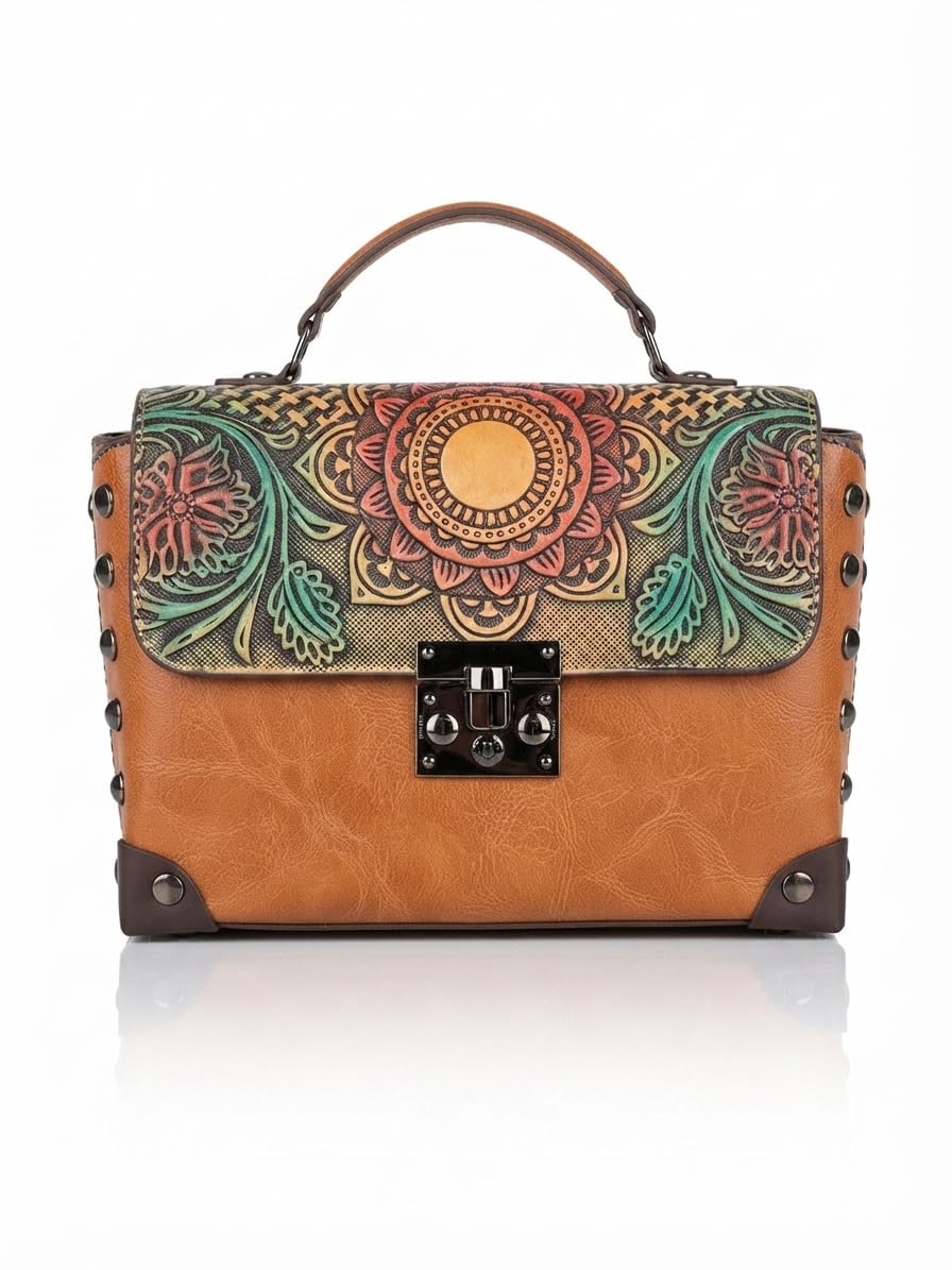 Boho Floral Embossed Satchel Bag with Top Handle, Tan Brown-image-31