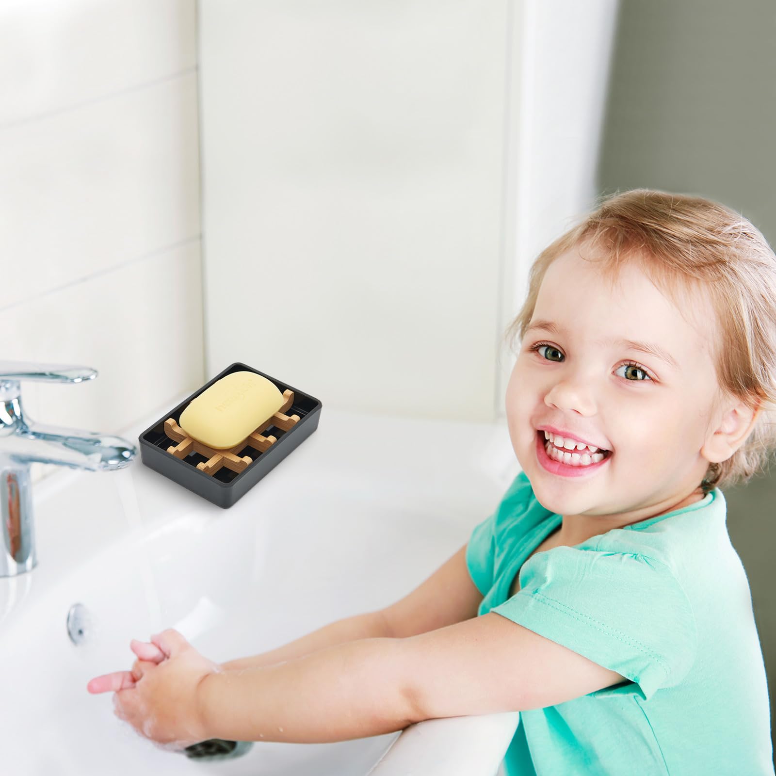 Bamboo Soap Dishes for Shower Wooden Soap Bar Holder for Bathroom Soap Tray Easy to Clean, Durable and with Non-Slip Pads(Single Black Square)