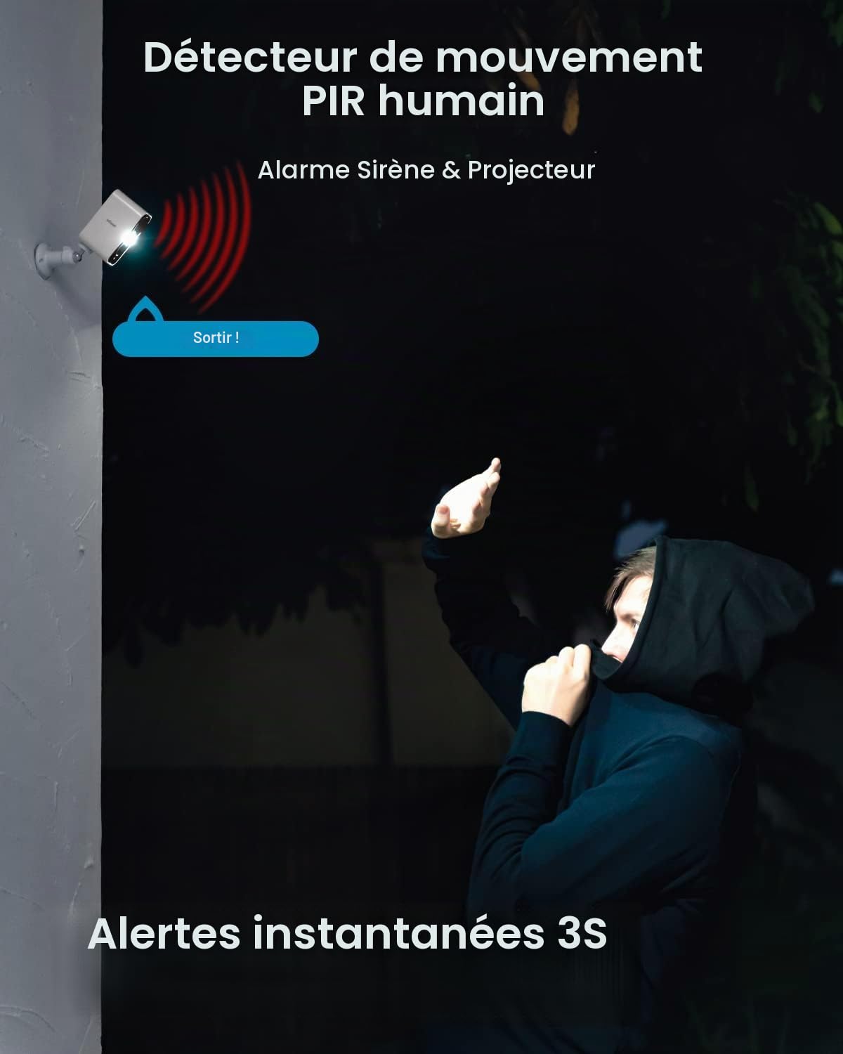 ieGeek Caméra Wi-Fi 2K extérieur/intérieur sans fil, batterie, phare et alarme intégrés, vision nocturne à couleurs, détection de mouvement PIR, 2 voies audio, stockage SD/Cloud, WiFi 2,4 GHz, IP65