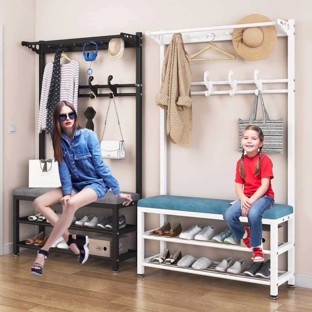 Metal Perchero con Zapatero Banco Esponja de Alta Resiliencia, Multifunción Perchero para Zapatos con Ganchos Capa, para Ropa, Sombreros, Bufandas, Bolsos, Paraguas L:80/100CM