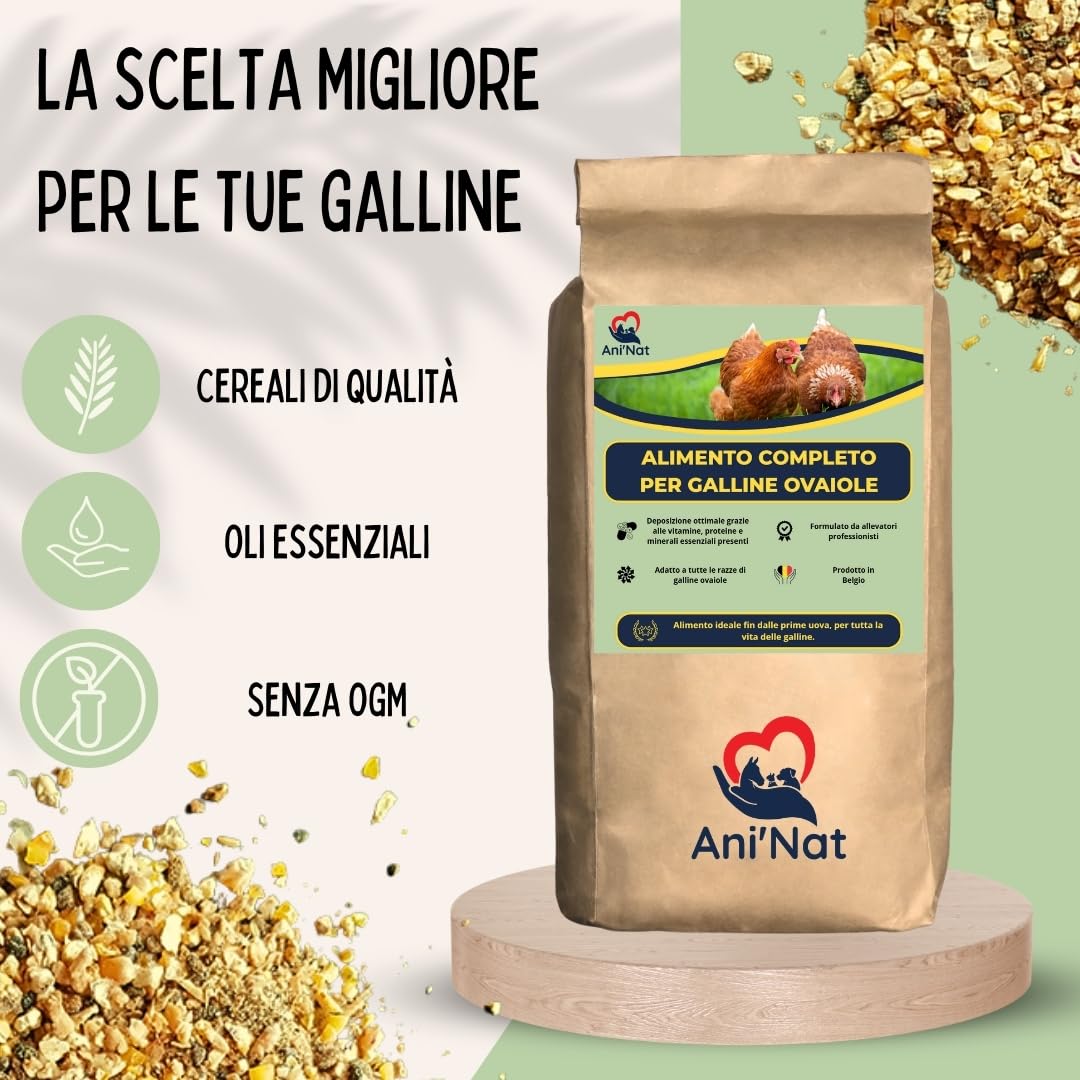 Ani'Nat Mangime per galline ovaiole senza OGM – Con oli essenziali – Miscela grossolanamente macinata – Nutrizione completa per deposizione e vitalità delle galline (5kg)