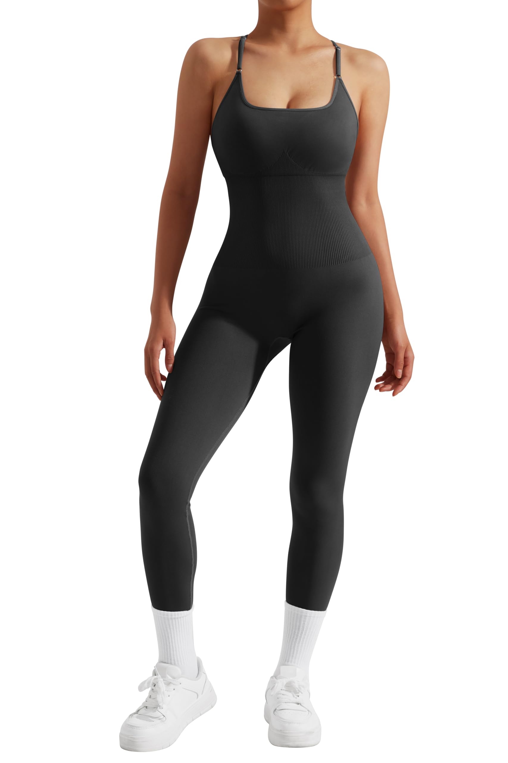 RXRXCOCO Spaghetti Strap Gerippte Jumpsuit Damen Eng Rückenfreie Padded Overall Bauchweg Yoga Sport Einteiler Romper Bodysuit