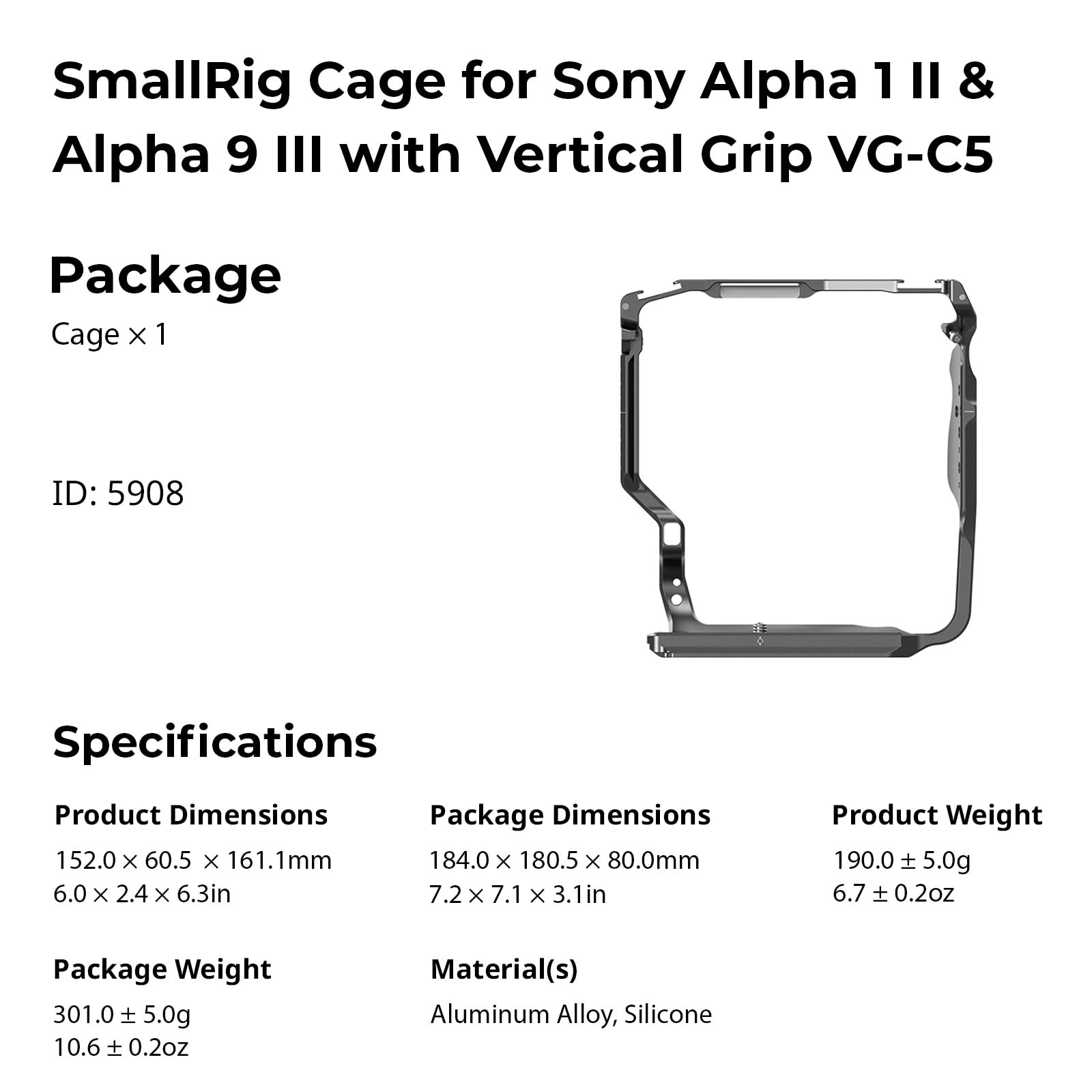 SMALLRIG A1 II / A9 III Kamerakäfig für Sony Alpha 1 II/Alpha 9 III mit VG-C5 Vertikalgriff, sichere DREI-Punkt-Verriegelung & integrierter Platte für Arca vielseitigen Montagemöglichkeiten - 5908