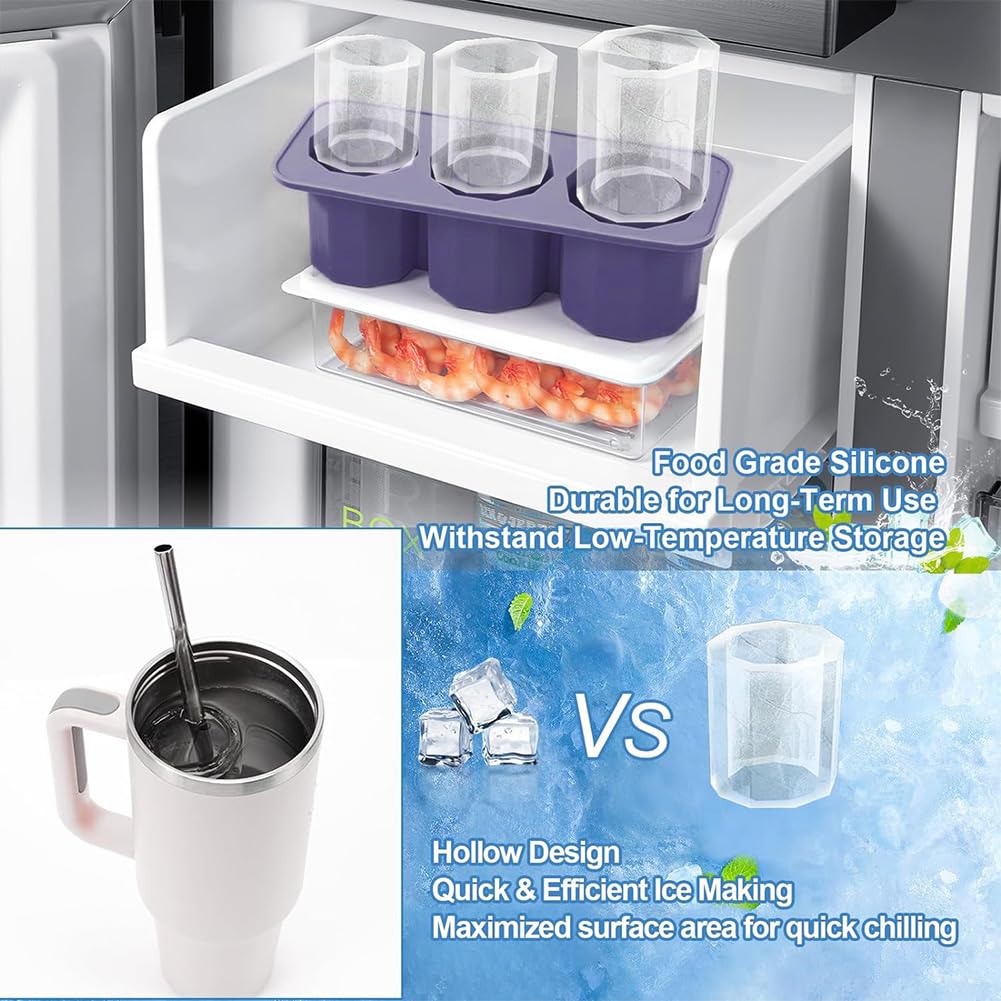 Stampo Per Ghiaccio In Silicone Con Coperchio – 3 Cubetti Grandi Cavi Per Bicchieri 40oz, Adatto Per Tazze Stanley, Whisky E Cocktail - 3