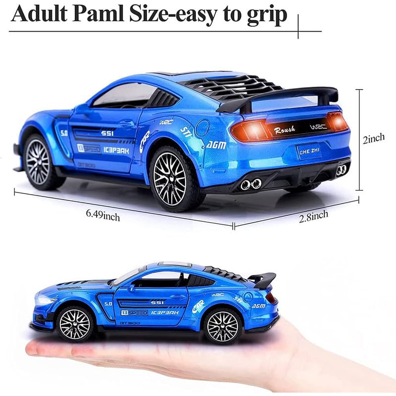Image of PINQUE Kids New Car 1:32 Mastang Diecast Alloy Metal Pull Back Car with Openable Doors Music Sound and Light Vehicle Toy Car for Boys (Blue)