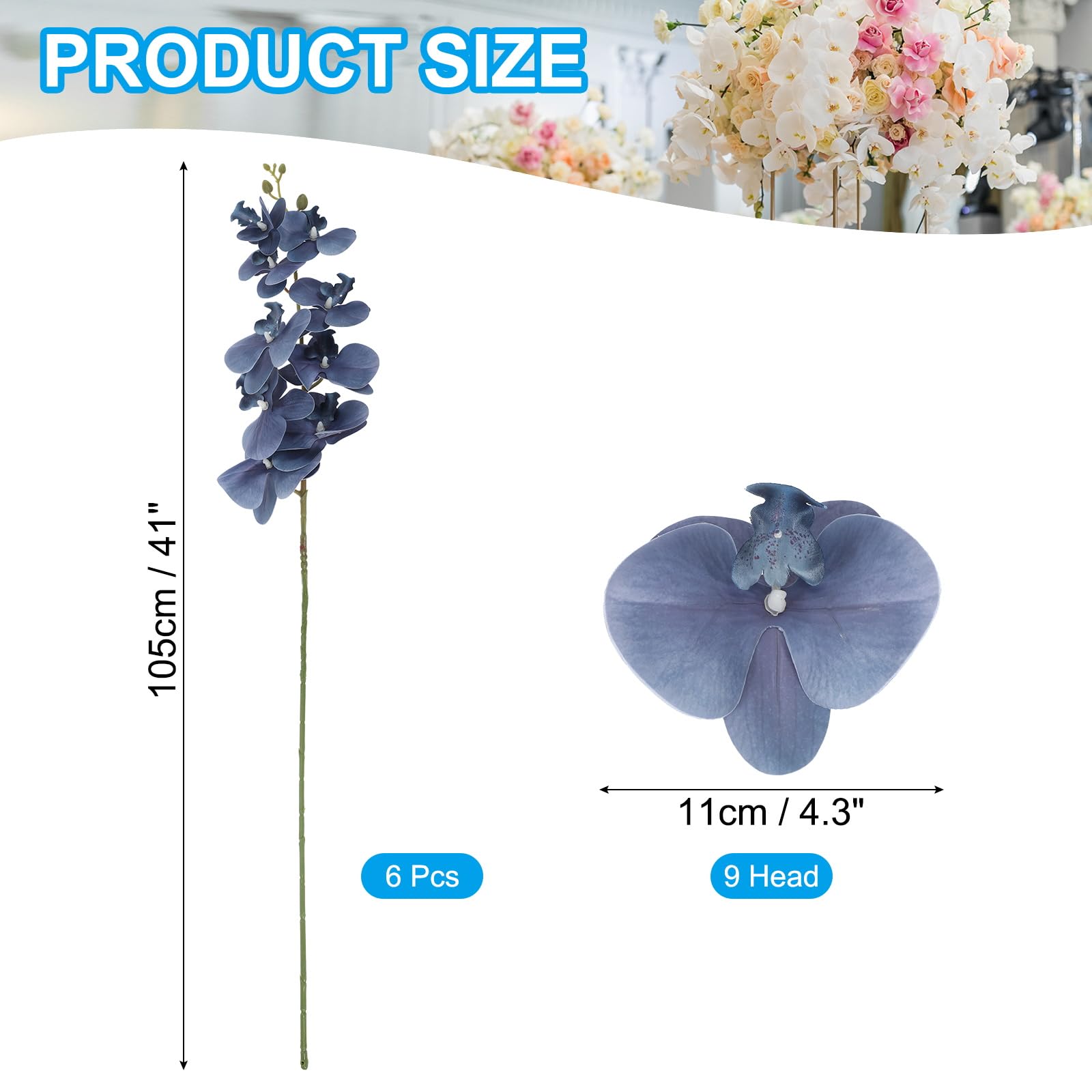 PATIKIL 6 Stück Orchideen Künstlich, 105 cm 9 Köpfe Kunstblume Orchideenzweig, Künstliche Orchideenstiele Faux, Phalaenopsis Kunstzweig Deko, für Vase Zuhause Hochzeit, Dunkelblau