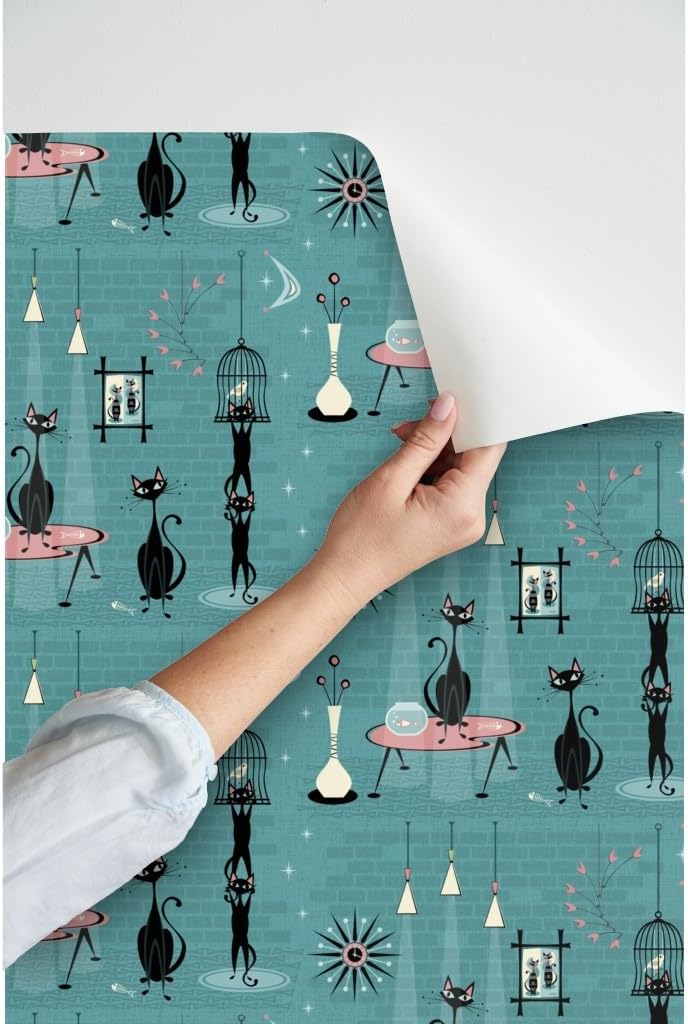 Peel & Stick Wallpaper Swatch - Mid Century Kitty Retro Birds Fish Cat Kitten 1950S Cats Custom Removable Wallpaper by Spoonflower