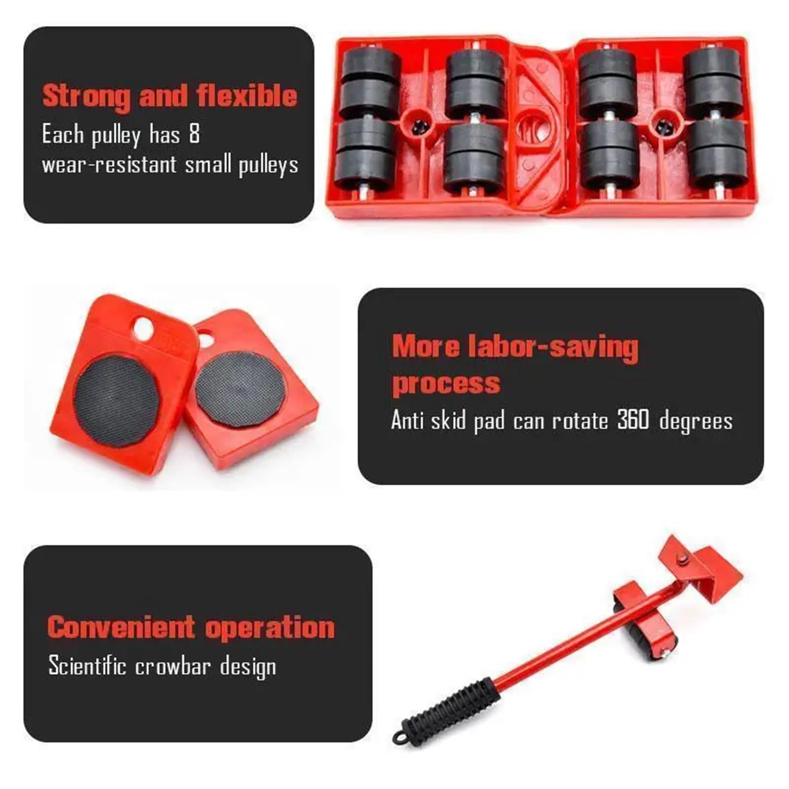 Kit di trasloco per mobili pesanti, 5 pezzi, carrelli professionali e strumenti di sollevamento della ruota, ingranaggio facile per traslochi, colore rosso, forniture per traslochi durevoli ed
