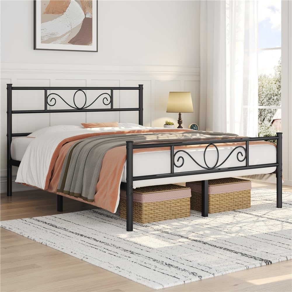 Yaheetech Struttura Letto Matrimoniale in Ferro Battuto a Doghe 160 x 200 cm Testiera Elegante in Metallo Stile Rustico Moderno Nero