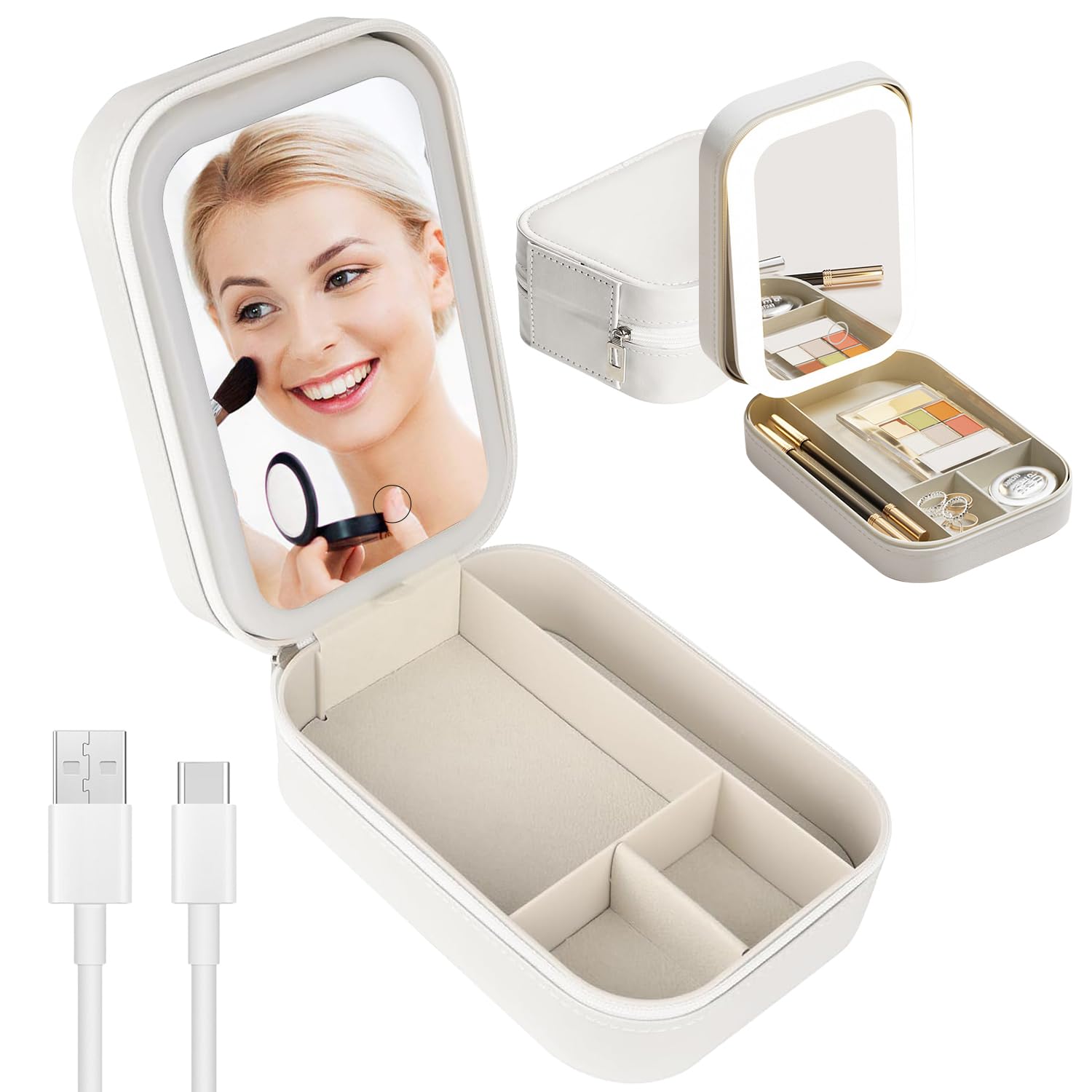 HOVCEH Bolsa de Maquillaje con Espejo y Luz, Bolsa de Maquillaje de Viaje con Espejo, Bolso de Maquillaje de Viaje con Luz con Organizador de Maquillaje con Luz Led de 3 Colores(Blanco)