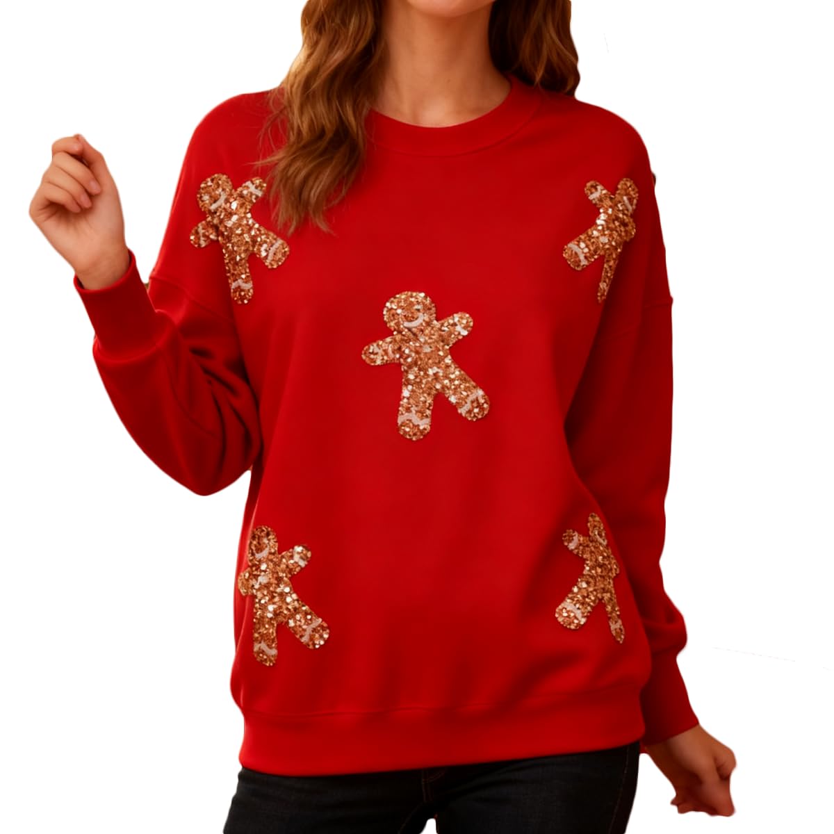 Womens Christmas Knit Sweaters Loose Fit Oversized Long Sleeve Round Neck Sequin Embroidery Pullovers Jumper Tops