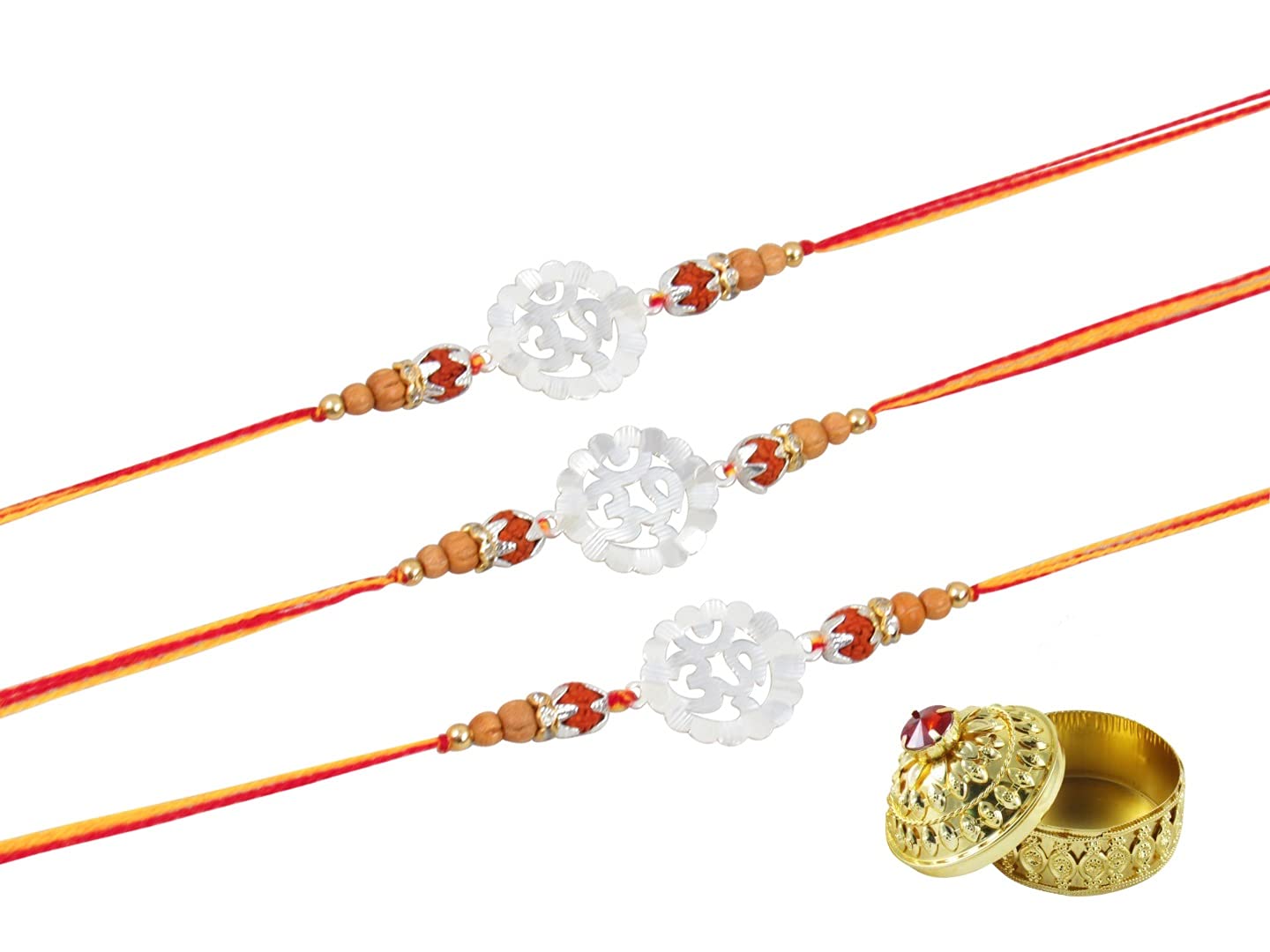 GoldGiftIdeas Boys 999 Pure Silver Shining Nakshi OM Rakhis Bracelet for Brother for Rakshabandhan with Golden Dabbi - Set of 3 (B07TWVY55J) Amazon Price History, Amazon Price Tracker