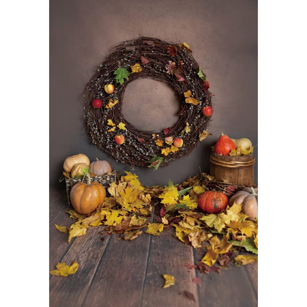 Photo 1 of Nihilar 5x7ft Fall Harvest Photography Backdrop Newborn Baby Kids Photo Portraits Rustic Brown Vintage Wooden Floor Background Autumn Maple Leaves Baby Shower Pumpkin Garland Thanksgiving Day Party