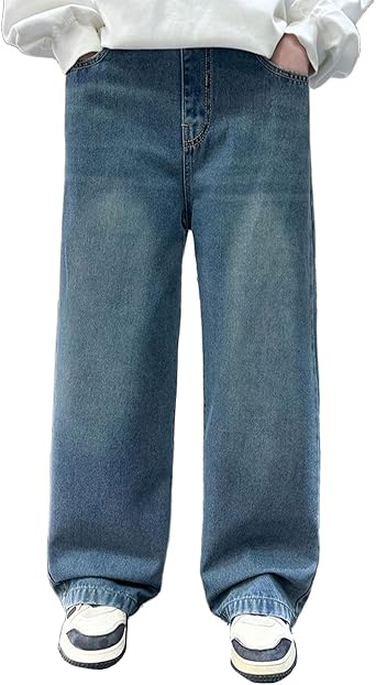 Teen Boys Baggy Jeans Elastic Waist Pull On Denim Pants with Pocket