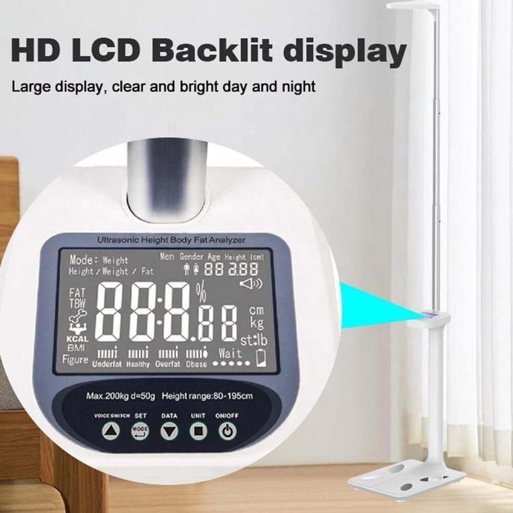 Bilancia Professionale per Medici, capacità 440 libbre, analizzatore di Altezza e Grasso corporeo a ultrasuoni con Controllo App, Display LCD elettronico e Bilancia, Adatta per Palestra