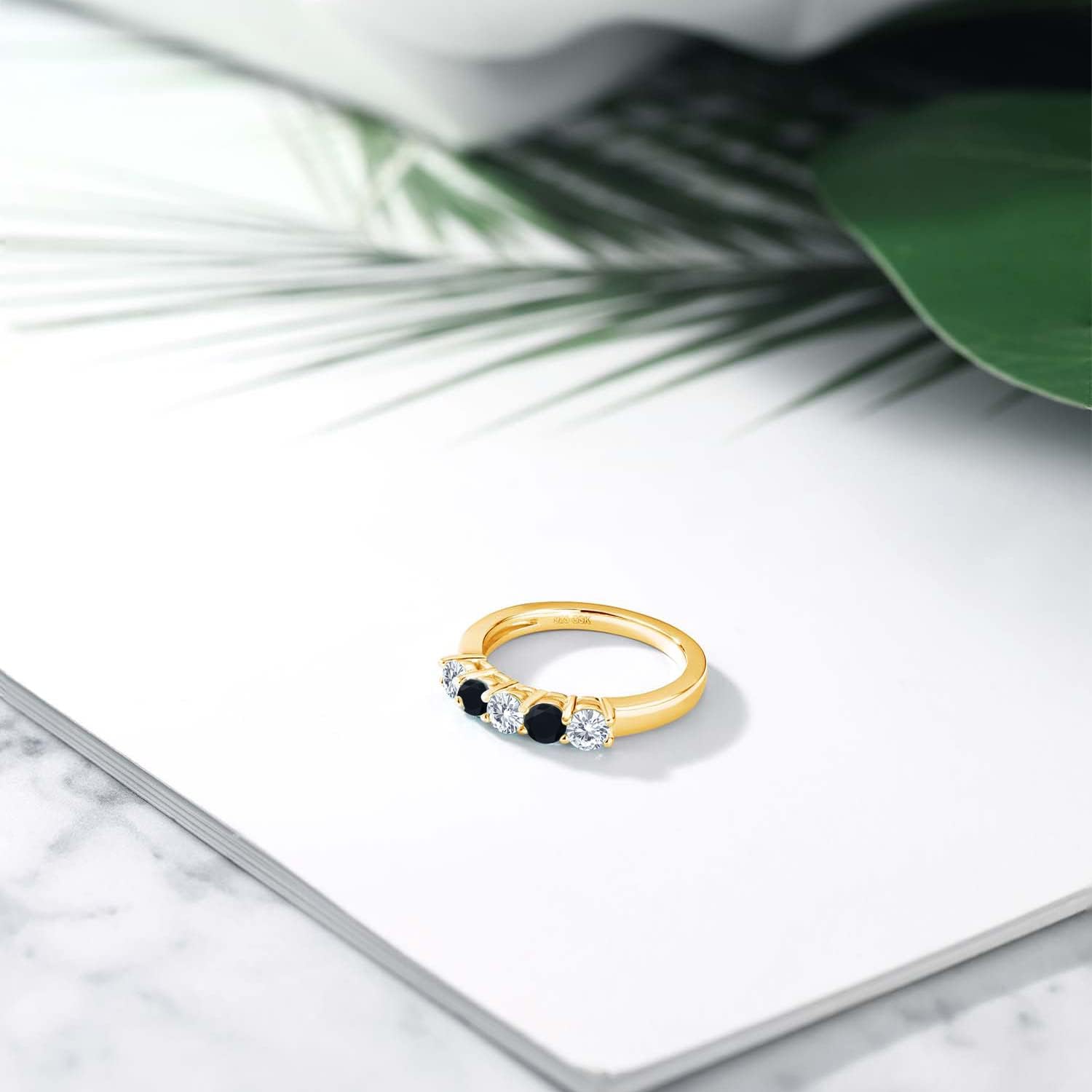 Gem Stone King 18K Yellow Gold Plated Silver Lab Grown Diamond and Black Onyx 5-Stone Alternate Wedding Band Ring For Women | 0.77 Cttw | Round 3.5MM | Wedding Engagement Anniversary Ring