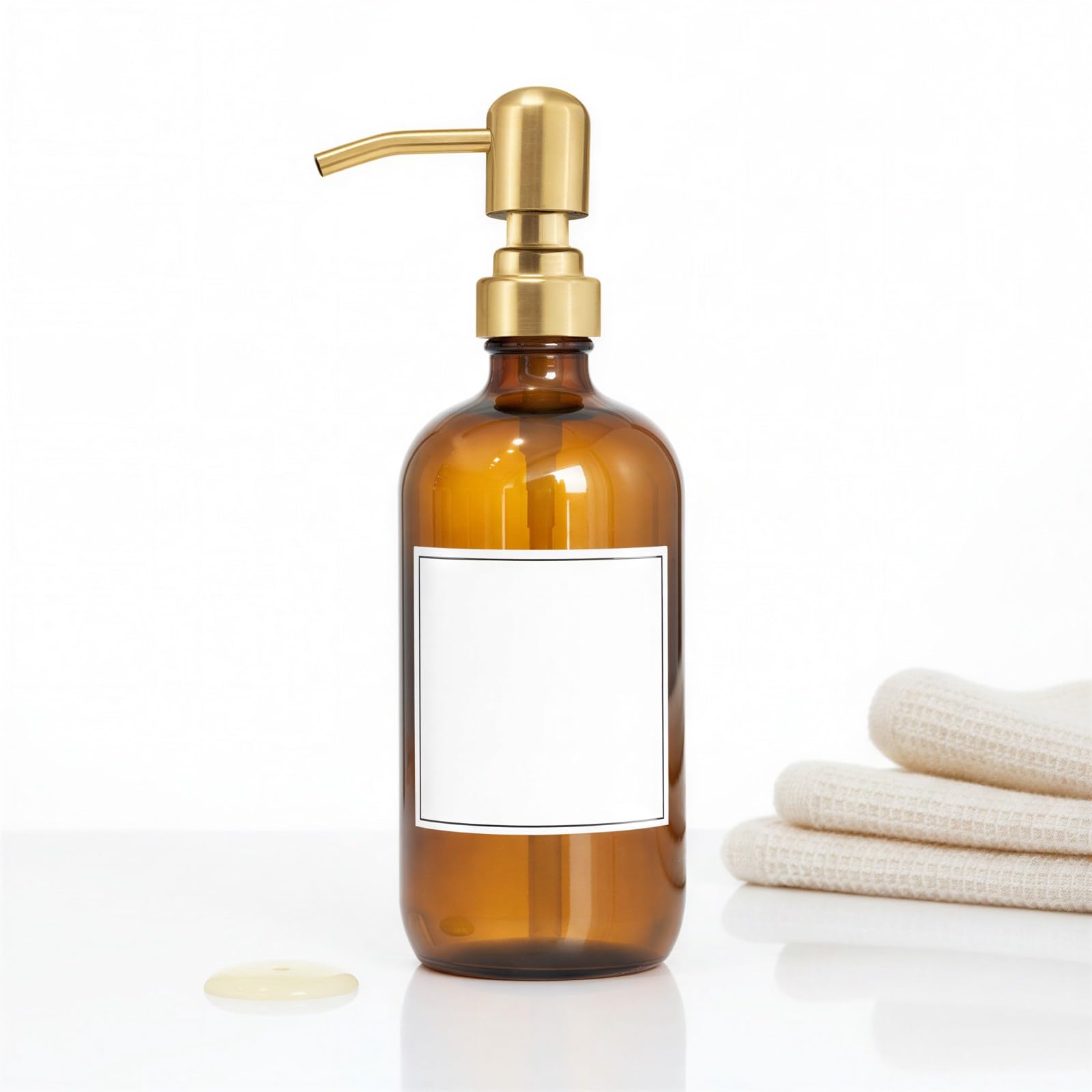 2 Stück Seifenspender aus bernsteinfarbenem Glas, 500 ml Pumpspender Set mit Edelstahlpumpe, 21,8 cm, für Küche und Bad, inklusive Tablett und Etiketten