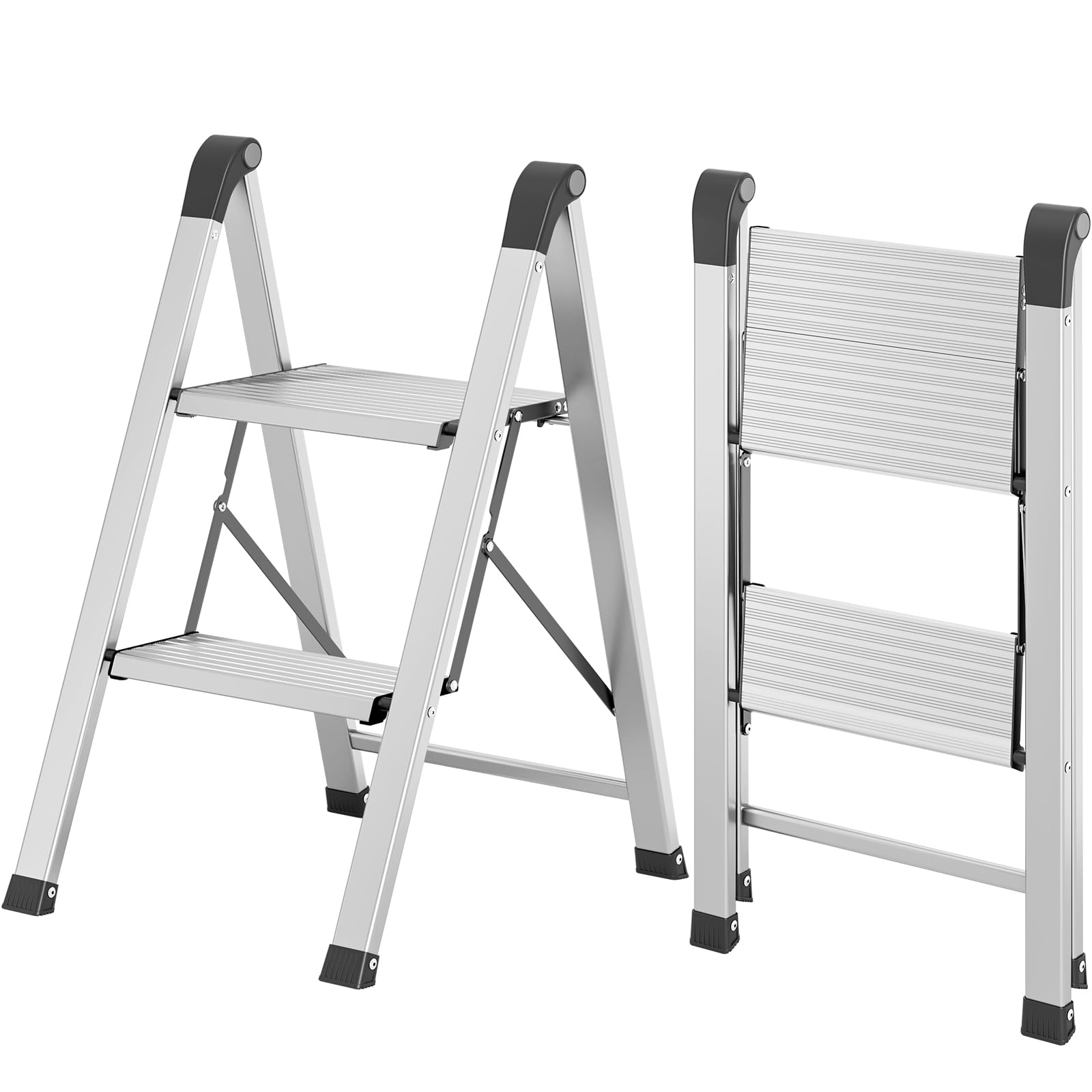 KINGRACK 2 Step Ladder, Wide Anti-Slip Aluminium Pedal, 330 lbs Load Black