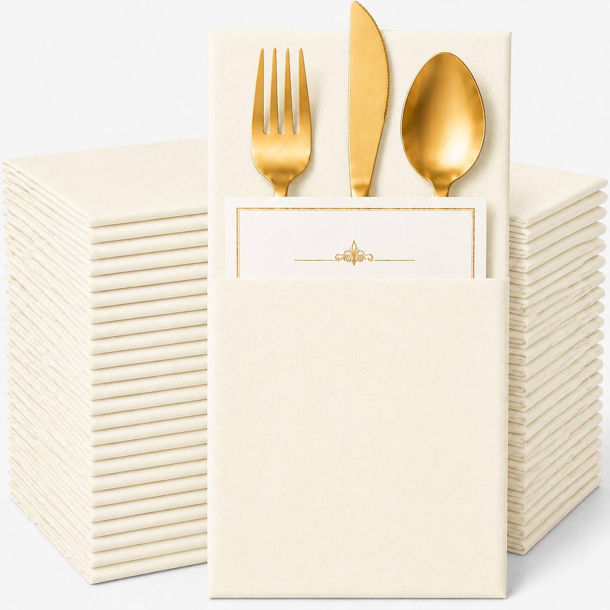 View 1 of 100 Pcs Beige Napkins Disposable Linen Feel Dinner Paper Napkins with Built-in Flatware Pocket, 16"x16" Airlaid Paper Pre-Folded Napkins for Silverware Baby Shower Easter Wedding Birthday Party