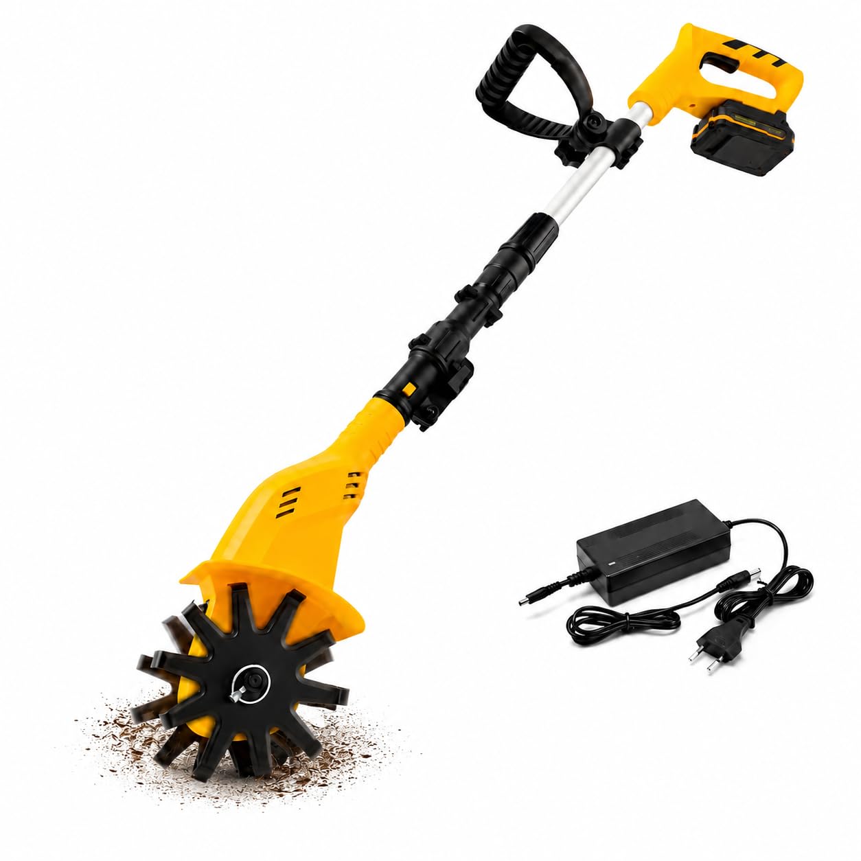 Motozappa a batteria da 20 V, motozappa, coltivatore con batteria e caricatore, fresa senza fili con lame in acciaio al manganese, manico telescopico per aiuola, giardino, serra, lavorazione del