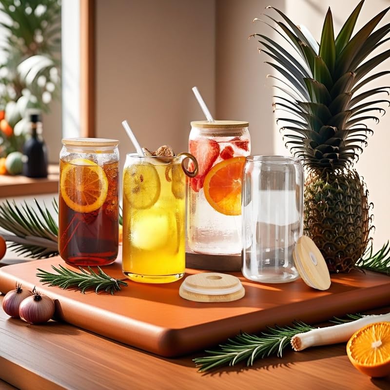 Lot De 4 Verres En Forme De Canette Avec Couvercles Et Pailles En Bambou – Gobelets En Verre Transparent Pour Cafe Glace The Glace Whisky Margarita Cocktail Whisky Soda