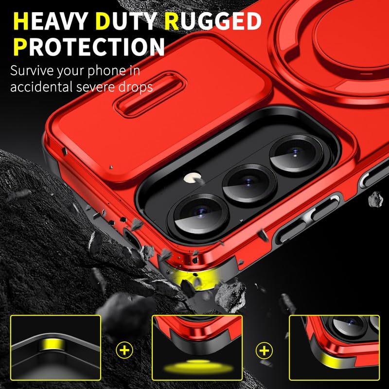 Image of LuxuryKase Shockproof Rugged Case for Samsung Galaxy S26 | Slide Camera Cover | 360 Rotating Ring Kickstand | Military-Grade Protection - Cherry Red