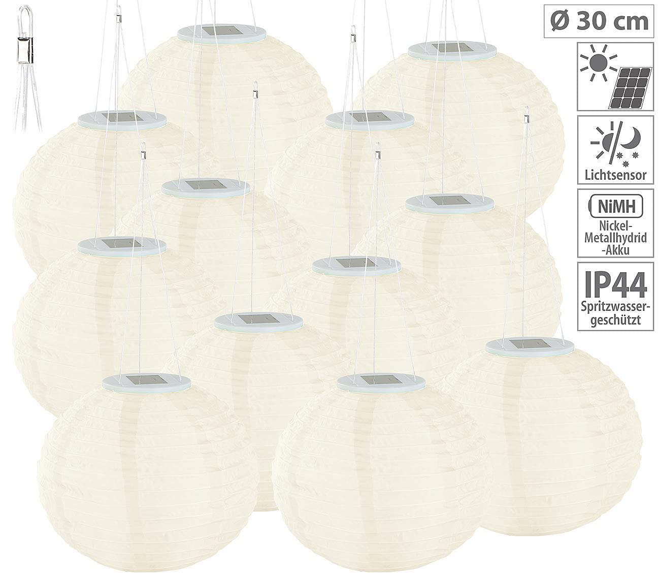 Lunartec Solar Lampions warmweiss: 12er-Set Solar-LED-Lampions, LEDs, Dämmerungs-Sensor, IP44, Ø 30 cm (Garten, Lampignon, Ball)