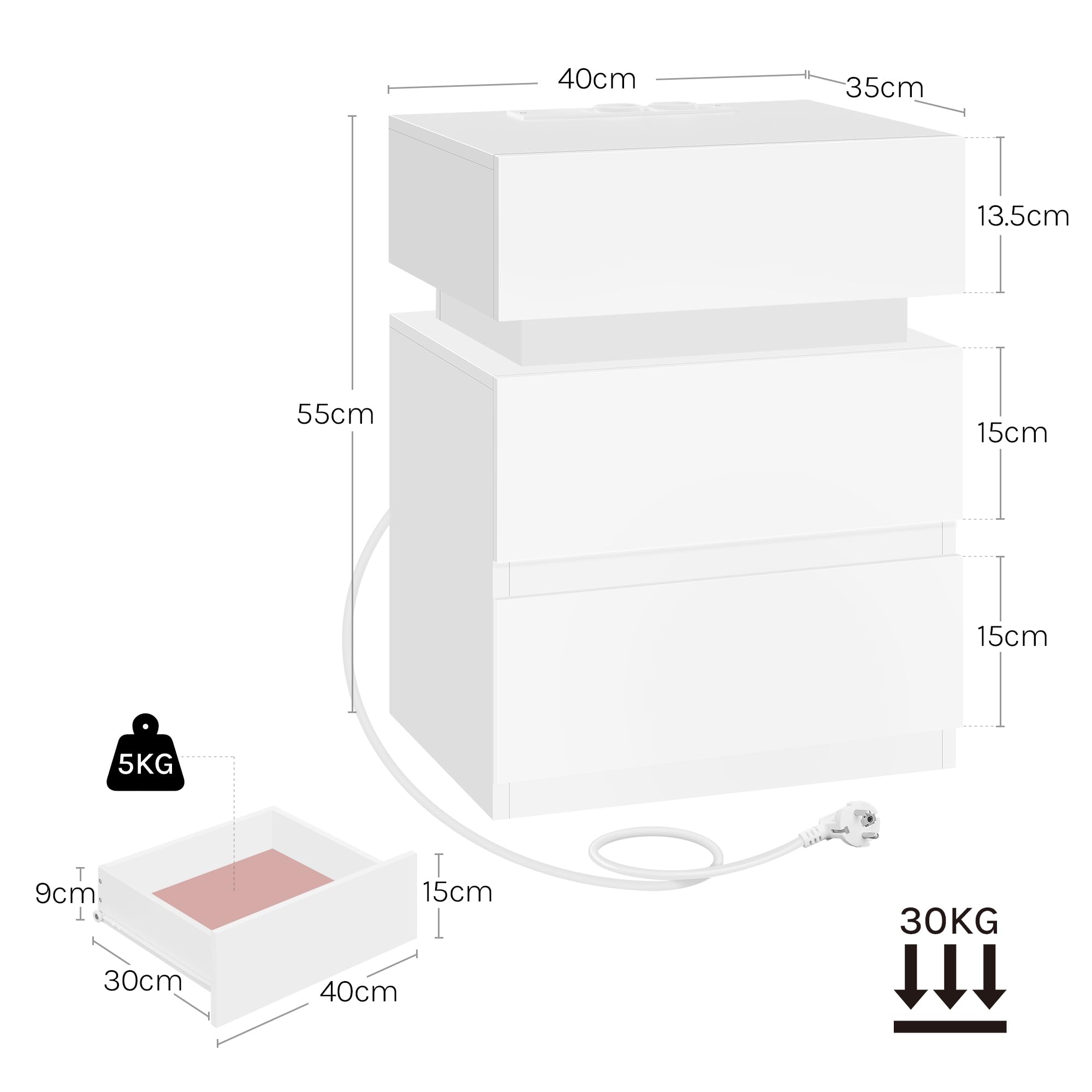 WOLTU Nachttisch 2er Set, mit Steckdose, Nachtschrank mit LED-Beleuchtung, weiß, 2 Schubladen und 1 Ablagefach, 40 x 35 x 55 cm, geeignet für Schlafzimmer, Wohnzimmer, moderner Stil, NTS23ws-2