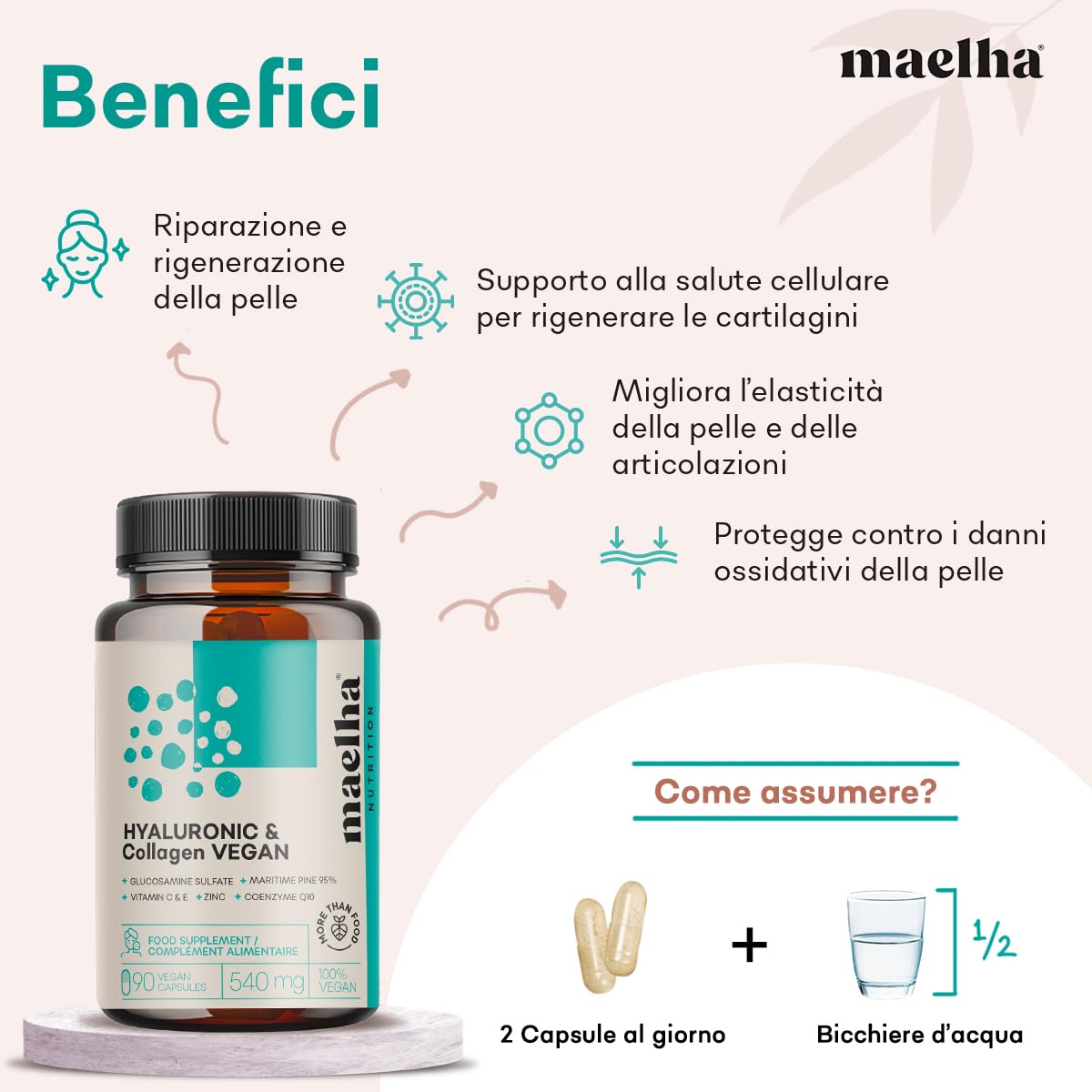 Acido Ialuronico e Collagene VEGANO | Integratore collagene vegano con acido ialuronico | Formula Concentrata con Vitamina C & E, Zinco, Coenzima Q10 e Pino Marittimo | 90 Capsule | 100% Naturale