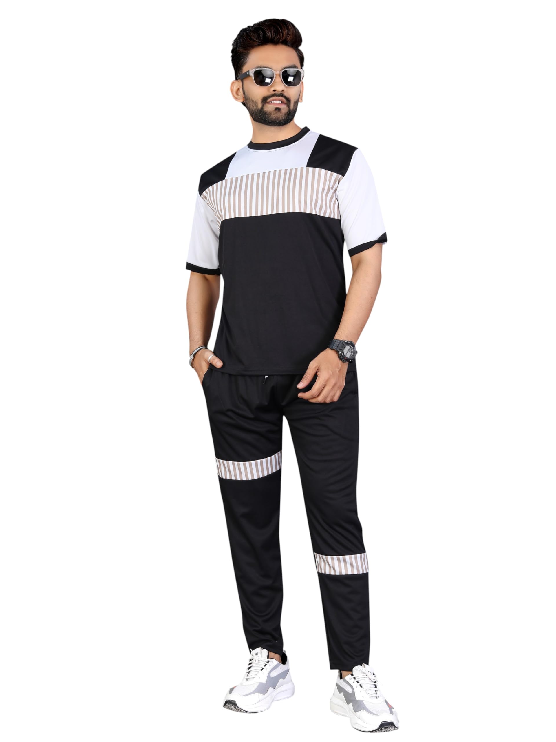 Men's Tracksuit Set, Grey with Navy Blue Striped Panel, Short Sleeve T-Shirt and Pants, Casual Sportswear (IN, Alpha, XL, Regular, Black)-picture-30