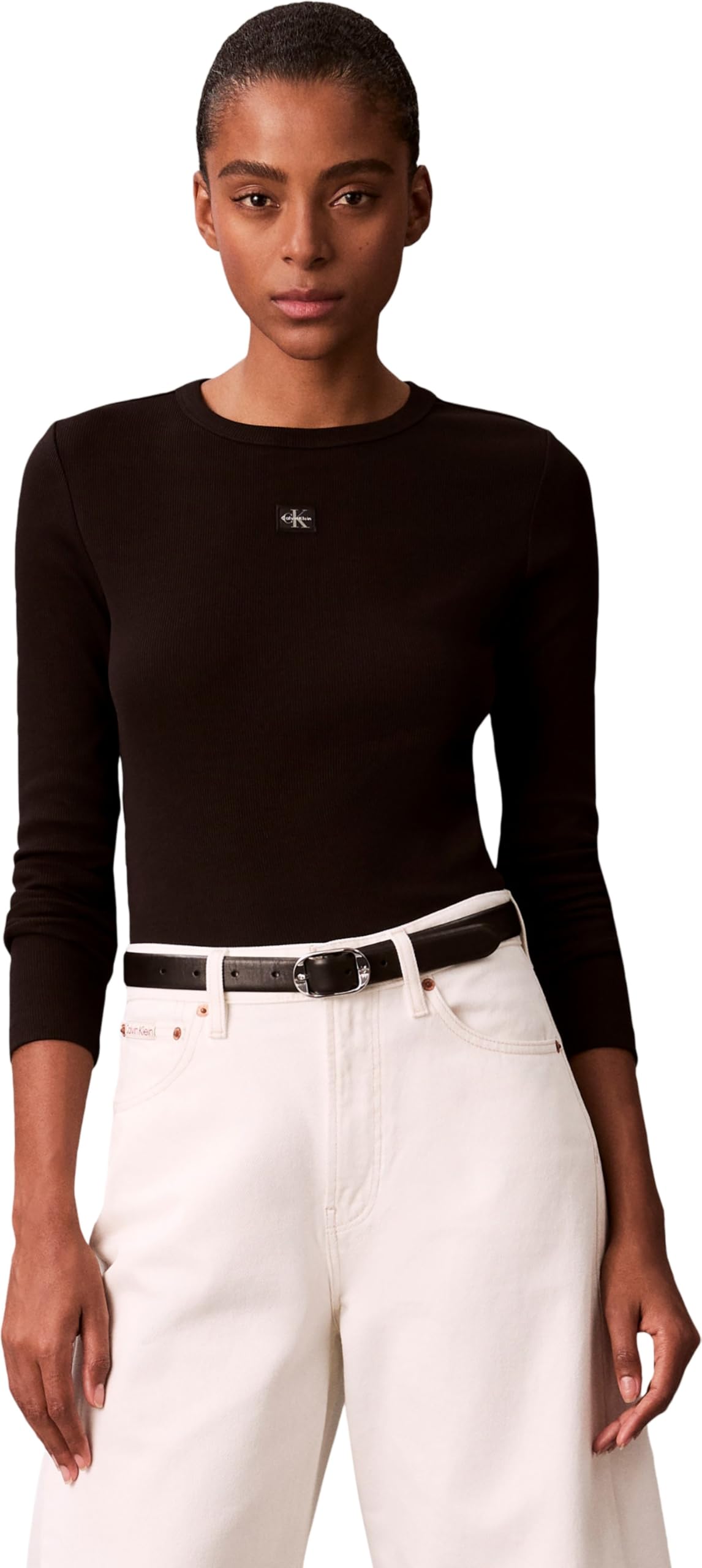 Calvin Klein Damen Ls Woven Label 2x2 Rib Crew Top Lv047e205g Andere Oberteile