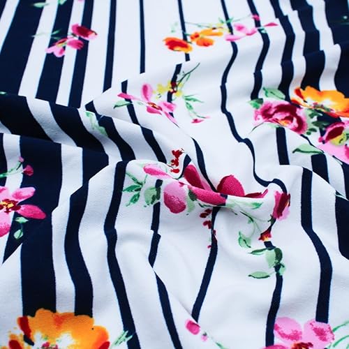 Texco Inc Impreso Techno Scuba Knit Pequeñas florespatrón de rayas verticalestela elástica de crepé de poliéster elastano proyecto de bricolaje rosa