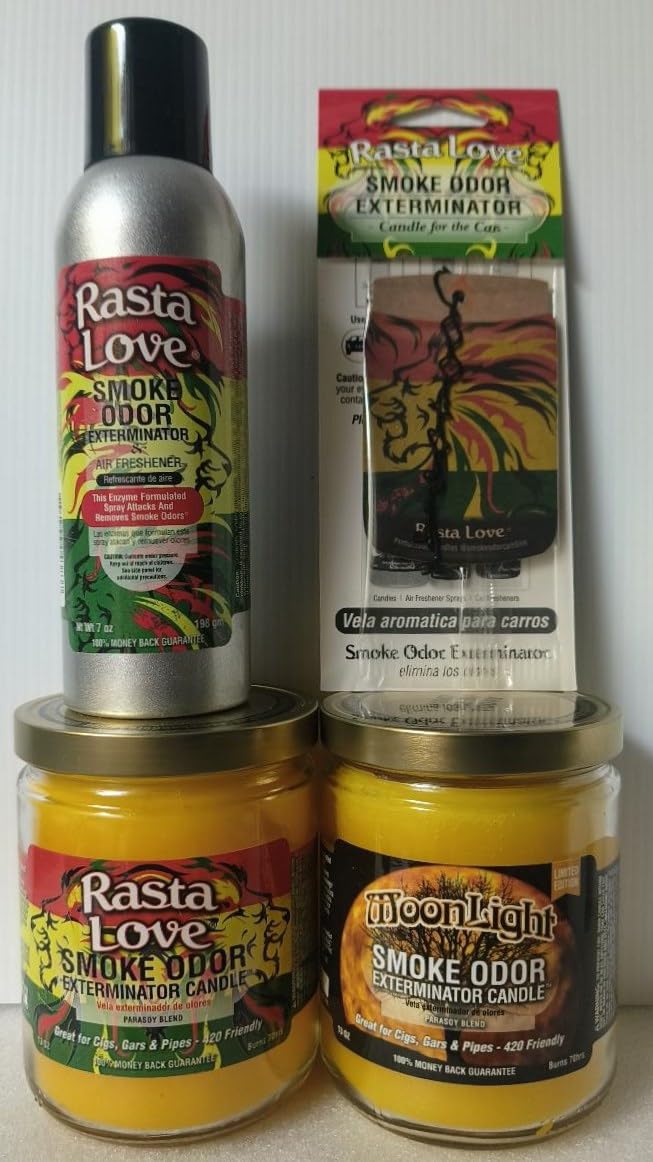 Smoke odor Exterminator Rasta Love, Includes One 13 oz Jar Candles of Rasta Love & one Candle of Moon Light one 7 oz Spray & One Car Hangers All (4) Items in One Bundle.