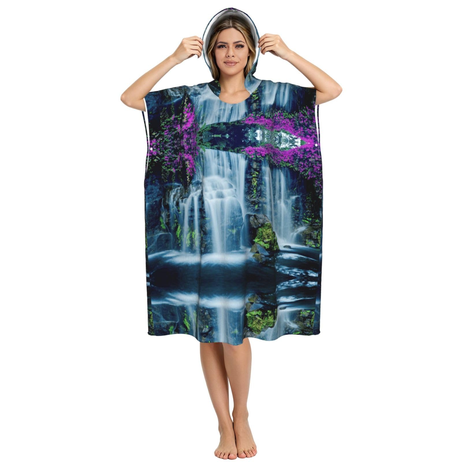Strandtuch mit Kapuze und Wasserfall- und Blumendruck, Poncho für Erwachsene, Mikrofaser, Umkleidemantel, Bademantel, Sommer, Strandtuch