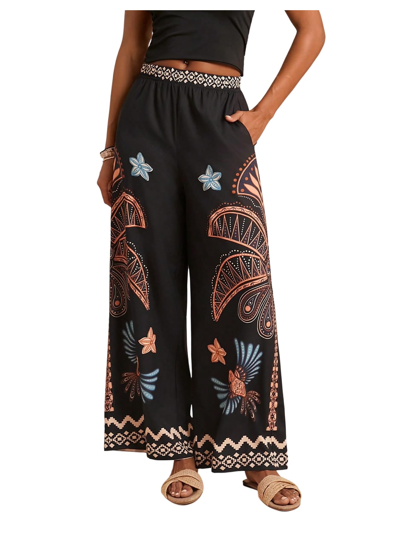 SweatyRocks Womens Baggy Palazzo Pants Wide Leg Boho Vacation Tropical Print Long Trousers with Pockets