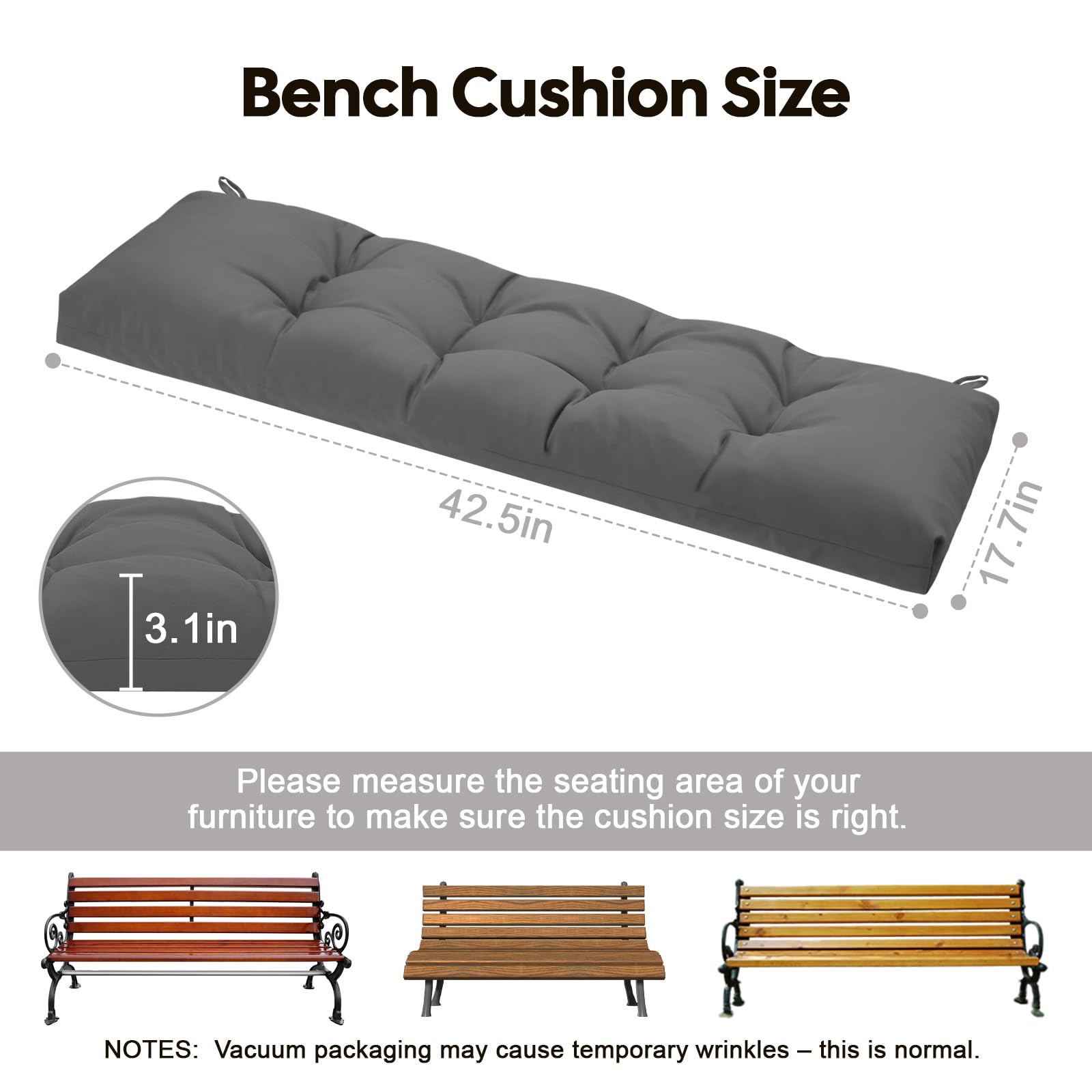 Cuscino per panca da giardino esterno, spessore 8 cm, trapuntato, impermeabile, con laccetti, cuscino di ricambio per patio, prato e divano a 2 posti, 108 x 45 cm, colore grigio scuro