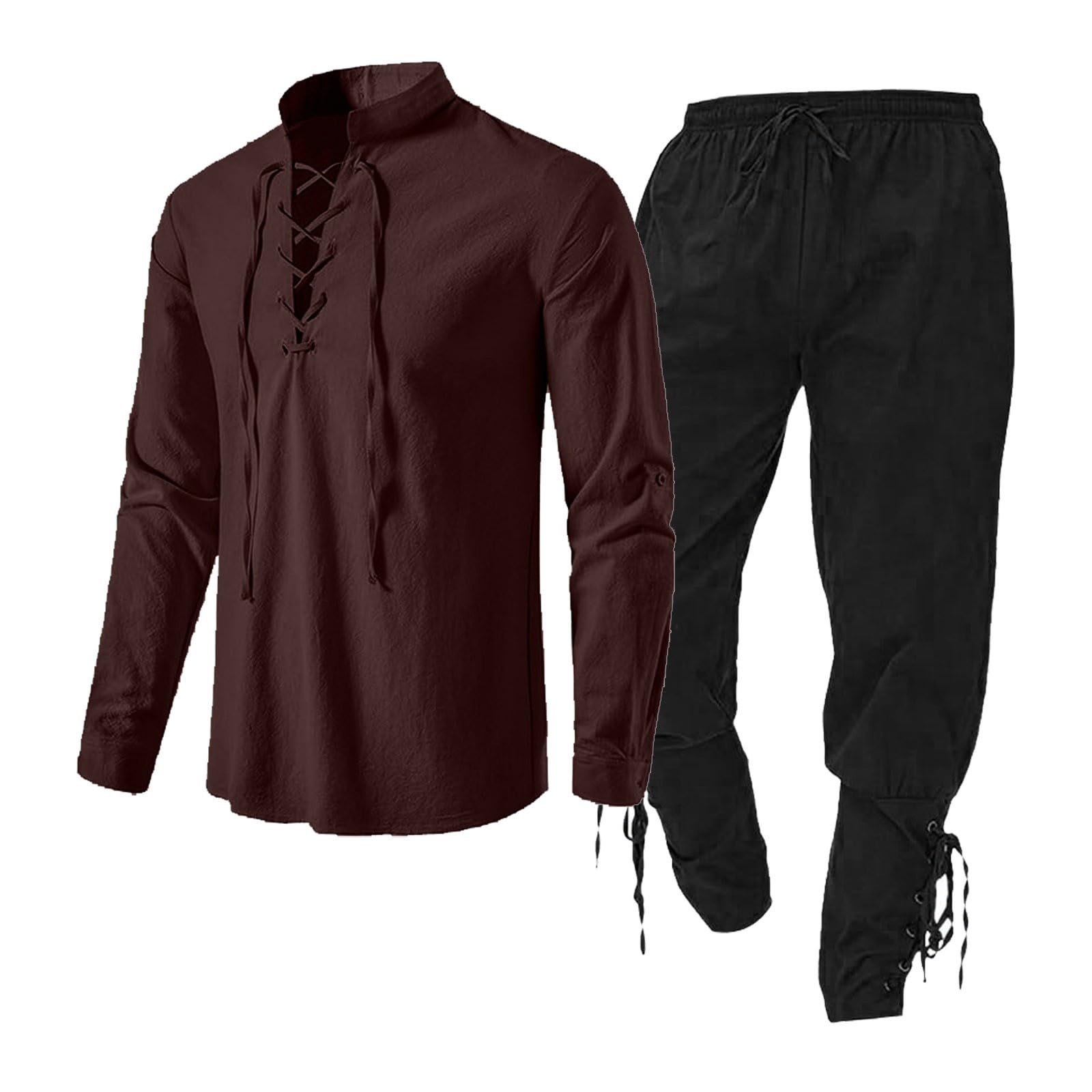 Medieval Men's Clothing Set, Linen Shirt and Pants with Ankle Straps Viking Costume Set Lace Up Tunic Top Outfit for Theme Parties Renaissance Fairs (Coffee, XL)
