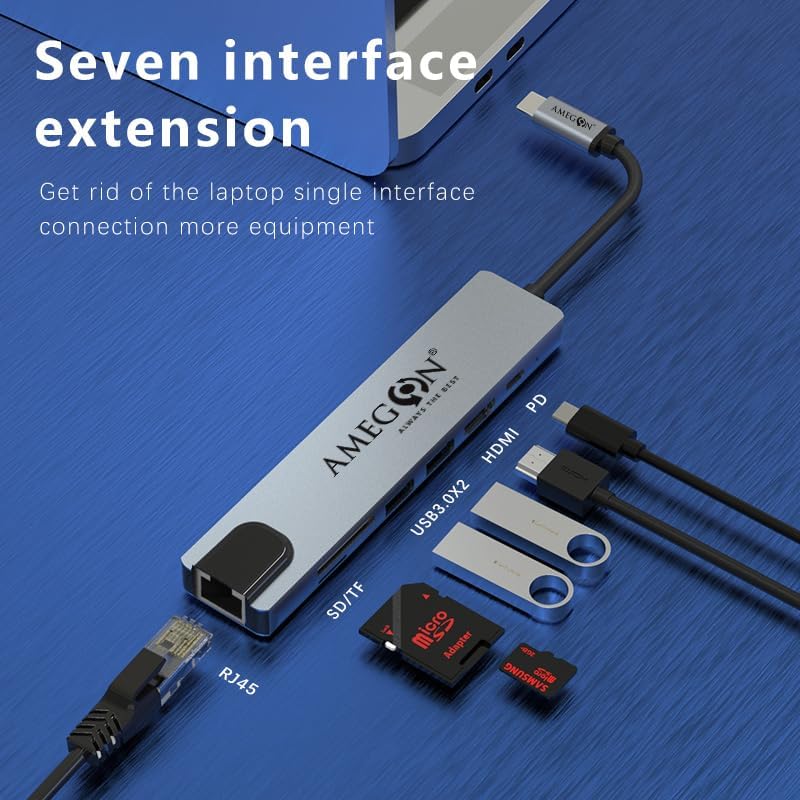 Image of 7 in 1 USB Type-C Hub Multiport Adapter, USB Type C to 4K@30Hz HDMI, 100Mbps Ethernet, 2 USB 3.0 Ports, 100W PD and SD /TF Cards Reader Adapter for MacBook, iPhone 15 Pro Max, Laptop, Desktop