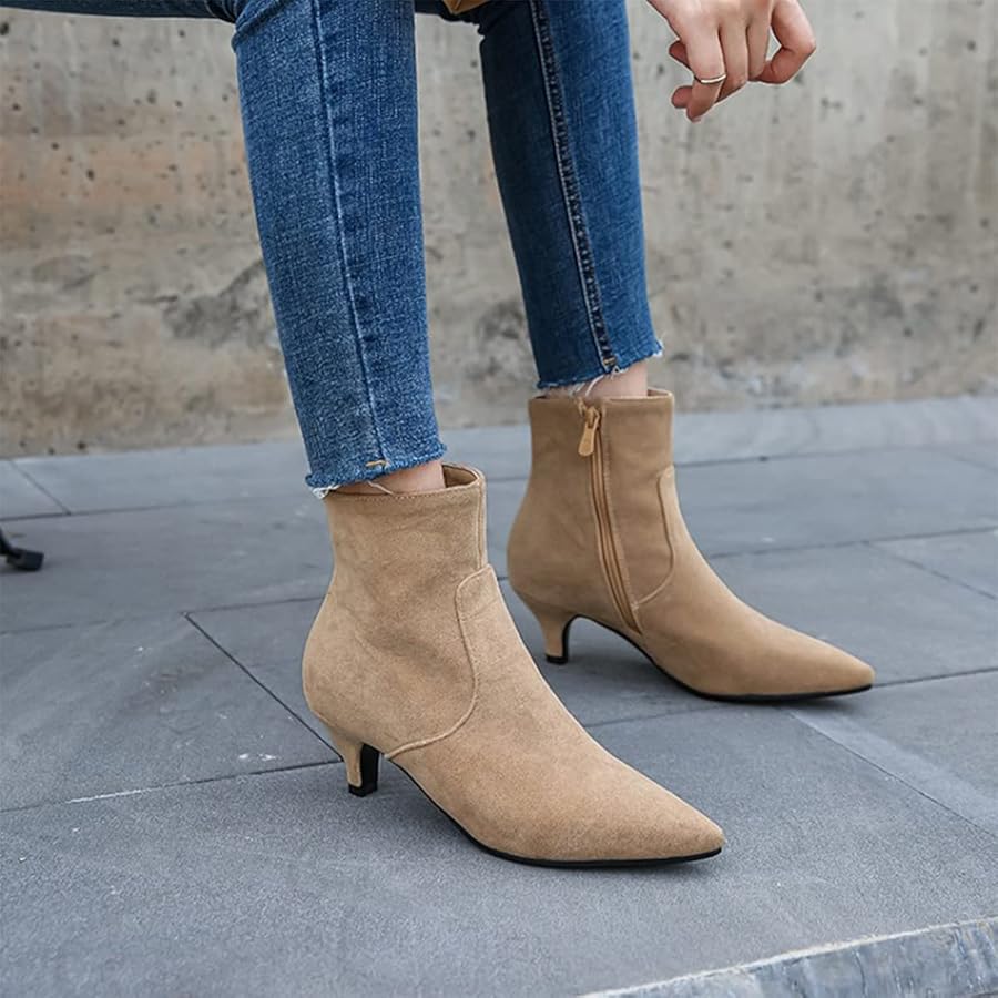 Hello Shero Pointed Toe Mid Kitten Heel Booties for Women
