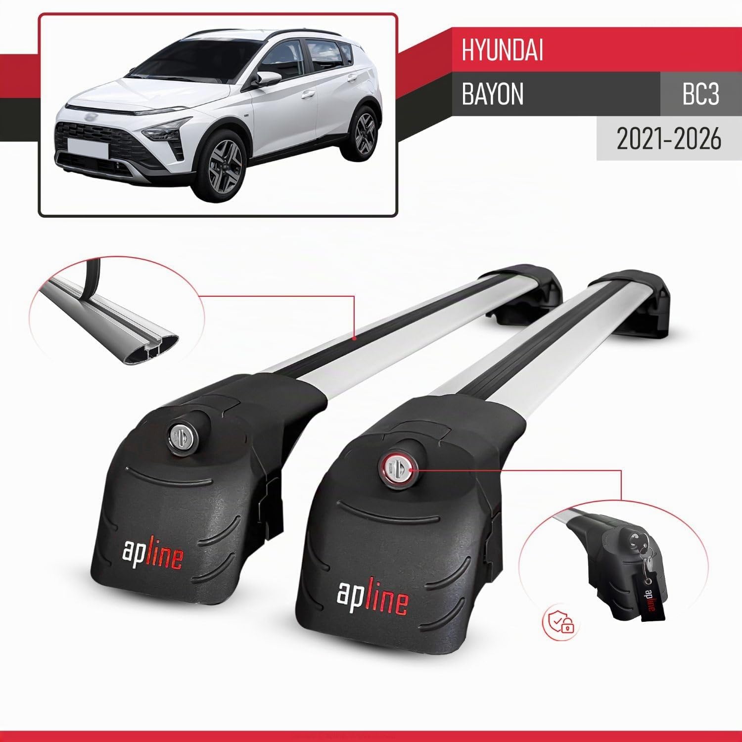 Compatibile con Hyundai Bayon (BC3) 2021-2026 Modello ACE-2 Barre Tetto Portapacchi Auto Barre Portatutto Grigio Alluminio 2 Barre