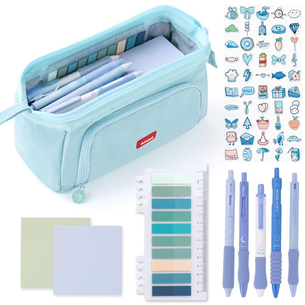 HVOMO Stationery Set,1 large-capacity pencil case,5 quick-drying pens,50 waterproof stickers,2 sticky note pads(200 sheets),1 set of 10-color index labels (200 sheets),Student stationery gift (Blue)