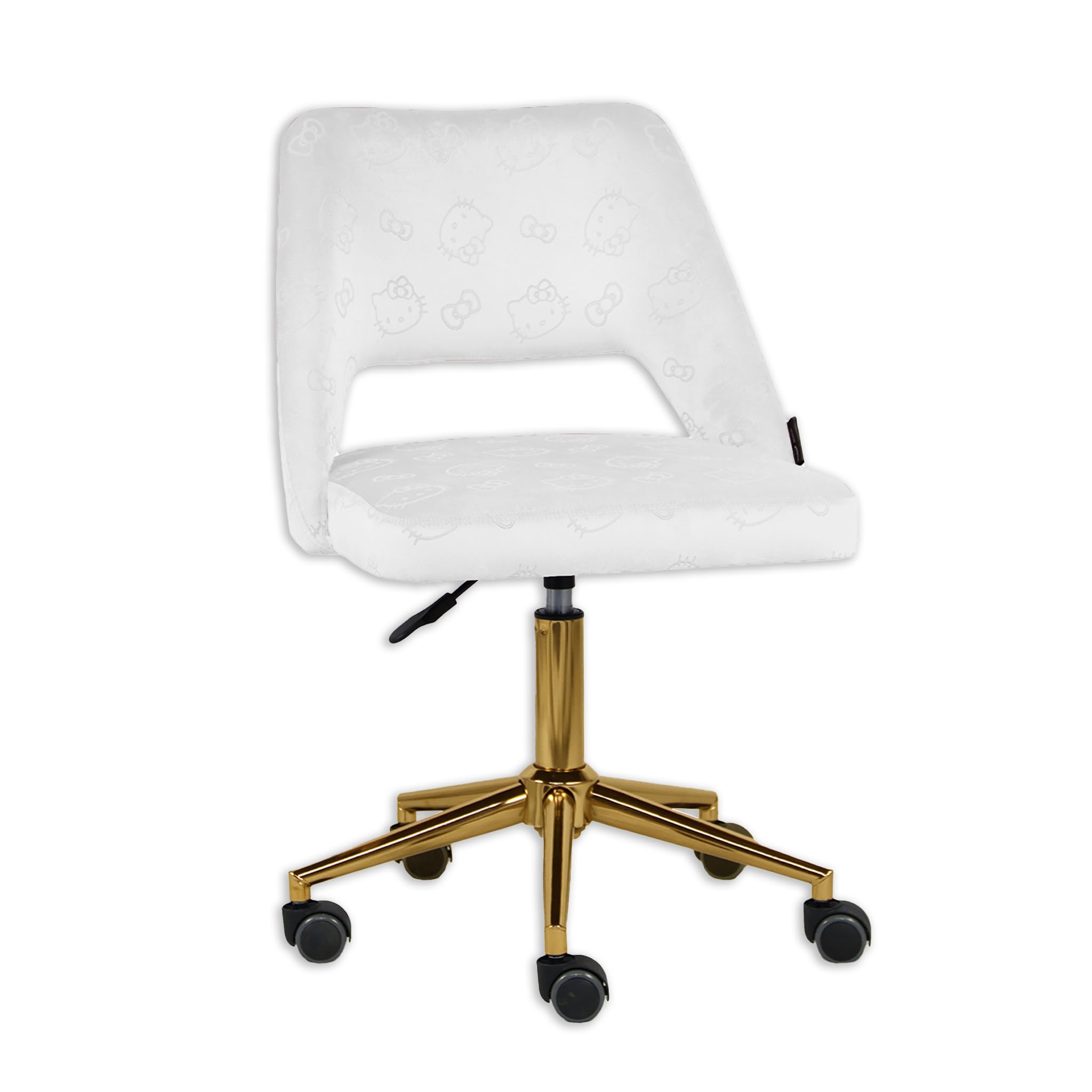 Impressions Vanity Hello Kitty Velvet Vanity Chair with Back, 360 Degrees Swivel Cute Desk Chair with Wheels, Golden Rolling Base Adjustable Height Makeup Chair for Bedroom (White)