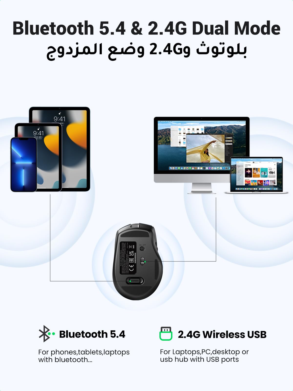 Mysz UGREEN 2,4 GHz z Bluetooth, bezprzewodowa z ładowaniem przez USB-C,ładowalna mysz o rozdzielczości 4000 DPI,ergonomiczna konstrukcja i cichy klik,kompatybilna z systemami Windows,macOS i Linux