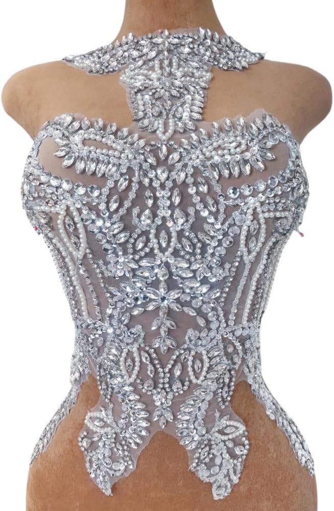 Luxury Wedding Dress Appliques - Lace with Rhinestones & Crystal Grab Diamonds, Sparkling Embellishments for Bridal Gowns & Bodycon Dresses, Handmade Heavy Embroidery Decorations (White)