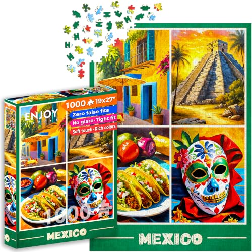 Puzzle 1000 pièces pour Adultes - Carte Postale du Mexique, Culture et Monuments | Finition Mate antireflet | Puzzle Amusant et exigeant | 68 x 48 cm | Cadeau Voyage Original | Enjoy